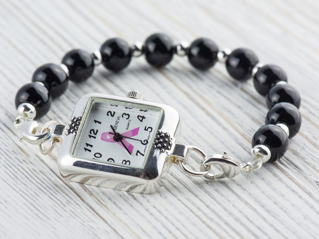 Pink Ribbon Silvertone Embellished Square Watch Face • White Dial • DIY Beading Watch • Jewelry Making • Analog • Loops and Battery Included