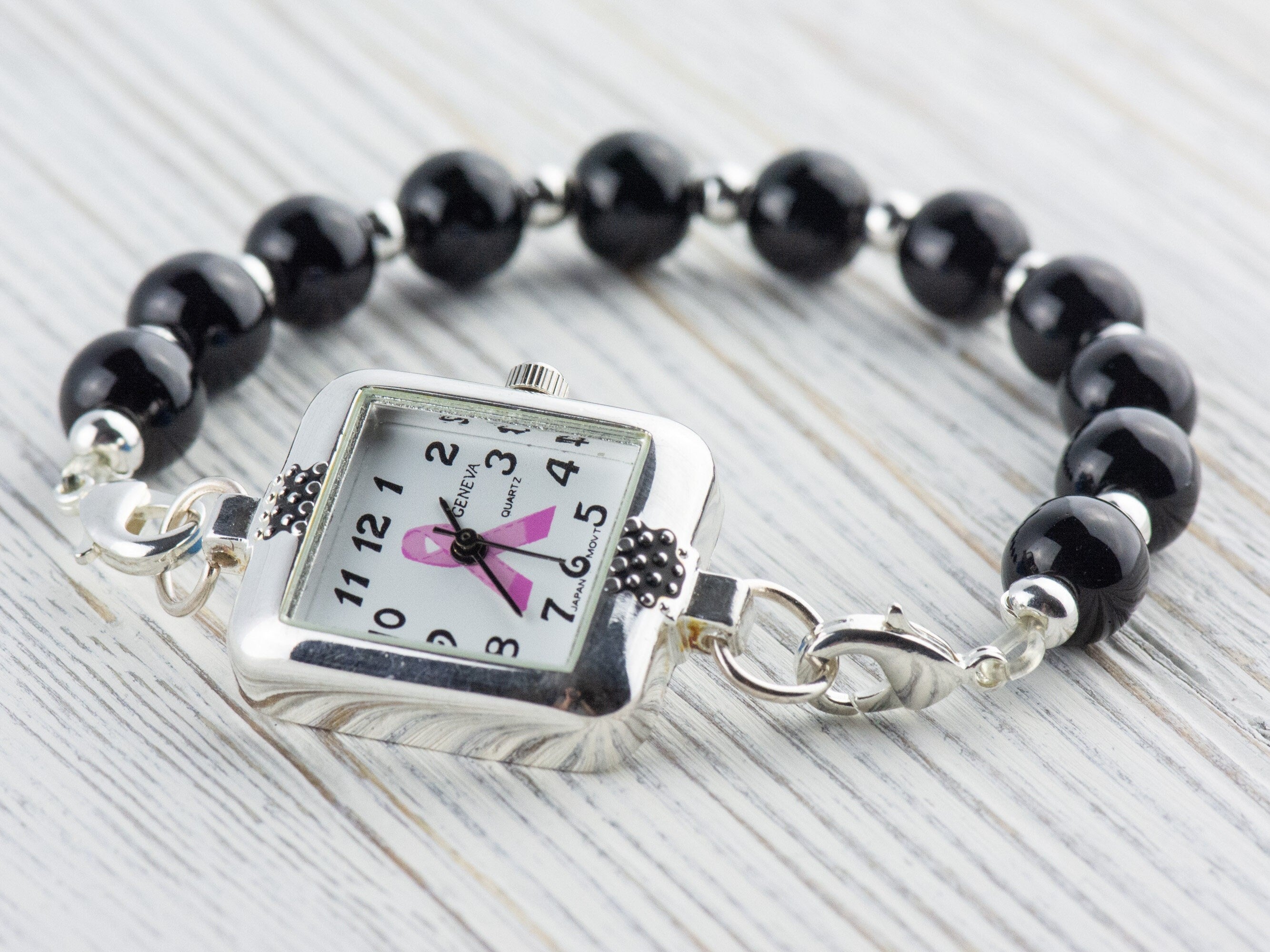 Pink Ribbon Silvertone Embellished Square Watch Face • White Dial • DIY Beading Watch • Jewelry Making • Analog • Loops and Battery Included