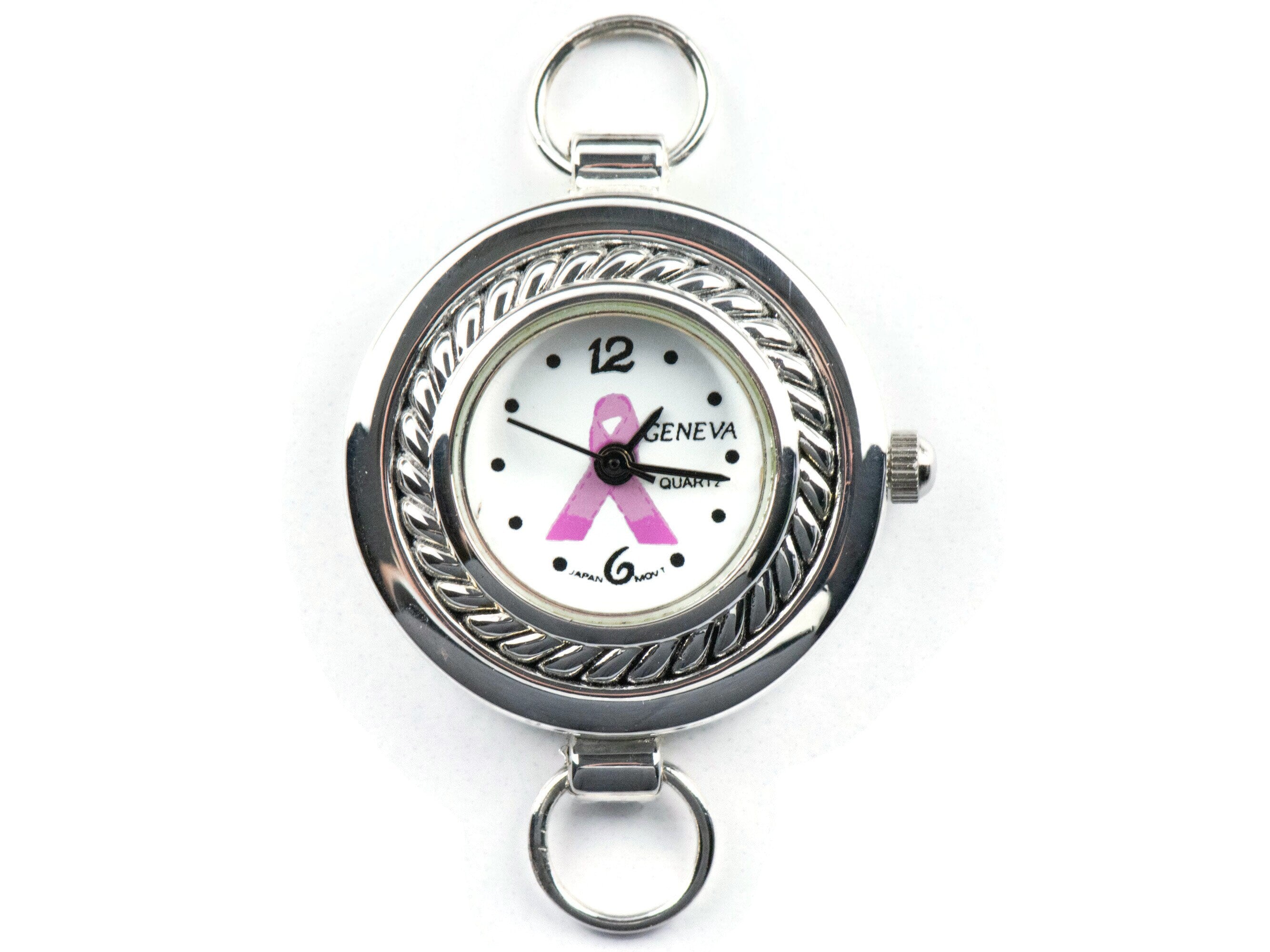 Pink Ribbon Silvertone Round Rope Frame Watch Face • White Dial • DIY Beading Watch • Jewelry Making • Analog • Loops and Battery Included