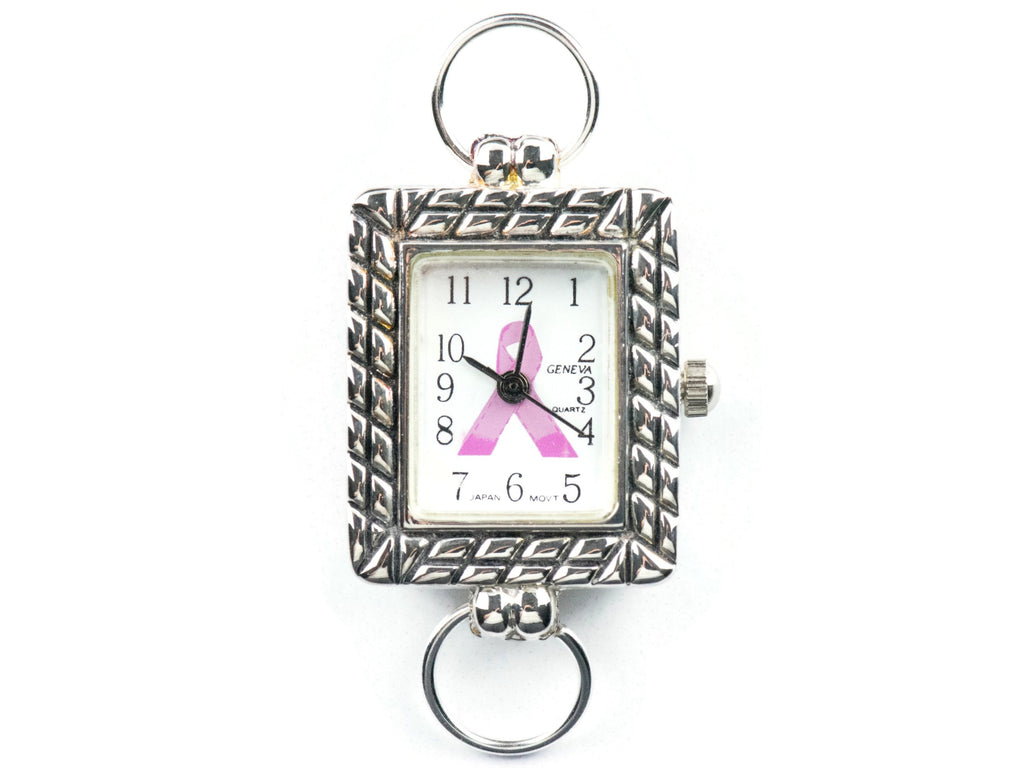 Pink Ribbon Silvertone Square Watch Face • White Dial • DIY Beading Watch • Jewelry Making • Analog • Loops and Battery Included