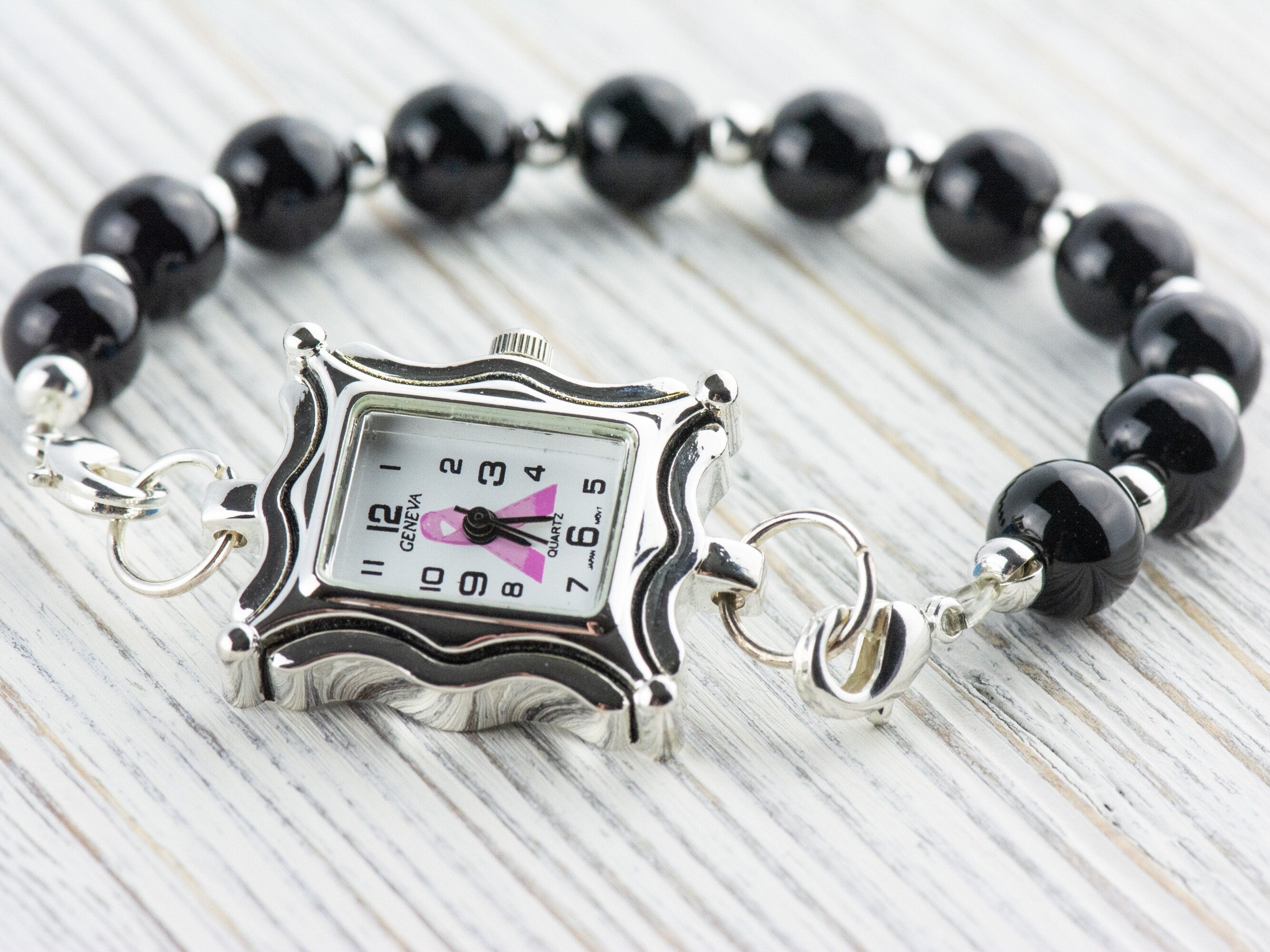 Pink Ribbon Silvertone Square Watch Face • White Dial • DIY Beading Watch • Jewelry Making • Analog • Loops and Battery Included