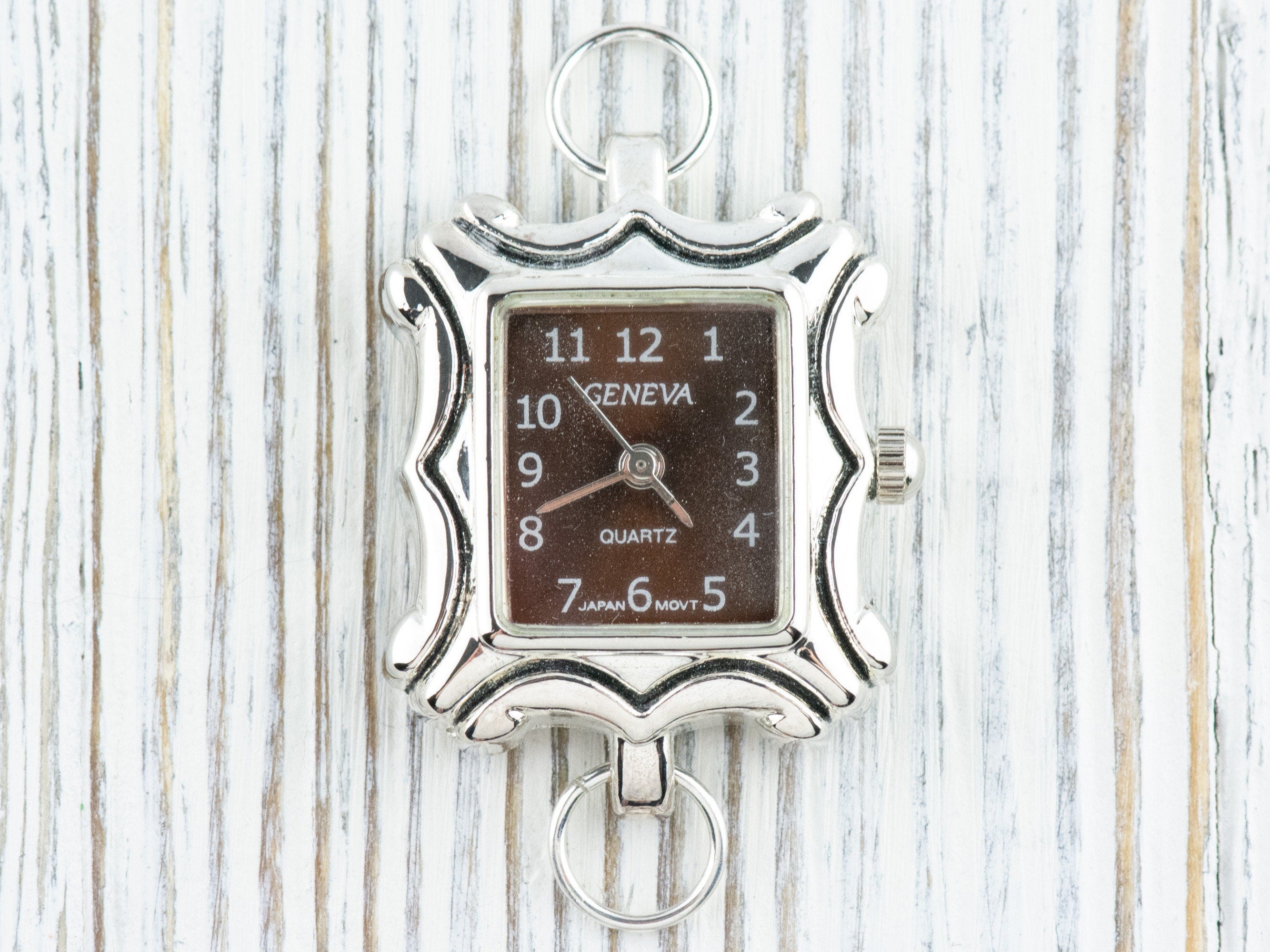 Brown Dial Silvertone Square Frame Watch Face • DIY Beading Watch • Jewelry Making • Analog • Loops and Battery Included