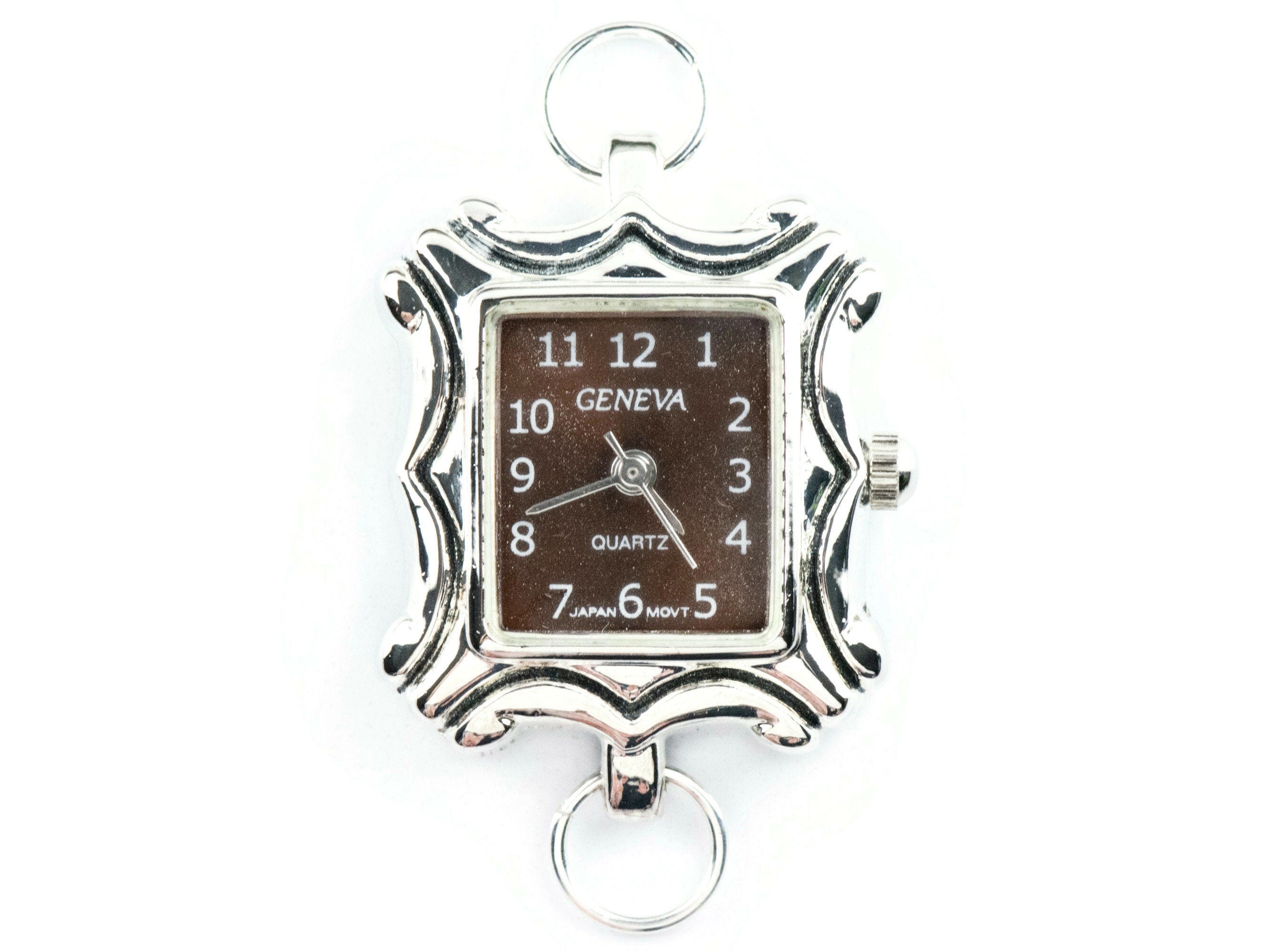 Brown Dial Silvertone Square Frame Watch Face • DIY Beading Watch • Jewelry Making • Analog • Loops and Battery Included