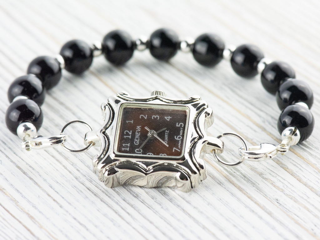 Brown Dial Silvertone Square Frame Watch Face • DIY Beading Watch • Jewelry Making • Analog • Loops and Battery Included