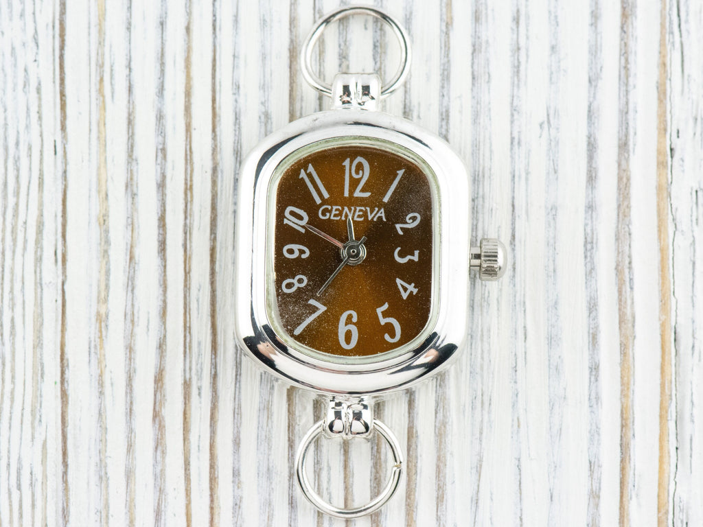 Brown Dial Silvertone Rectangle Watch Face • DIY Beading Watch • Jewelry Making • Analog • Loops and Battery Included