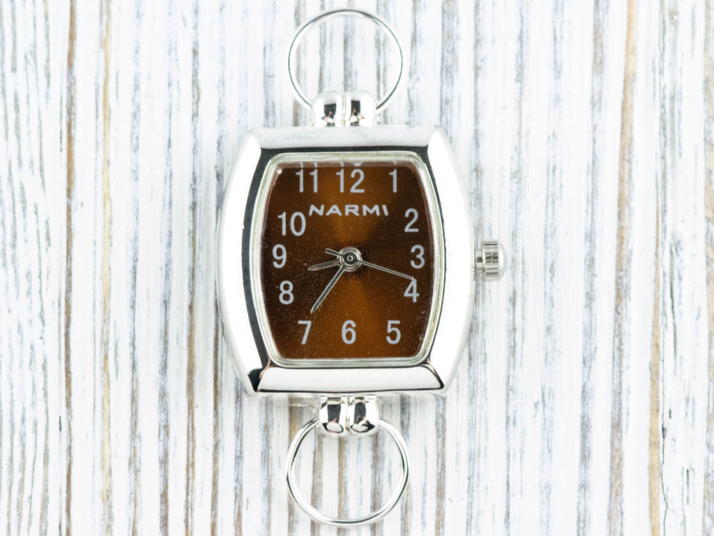 Brown Dial Silvertone Square Rectangle Watch Face • DIY Beading Watch • Jewelry Making • Analog • Loops and Battery Included