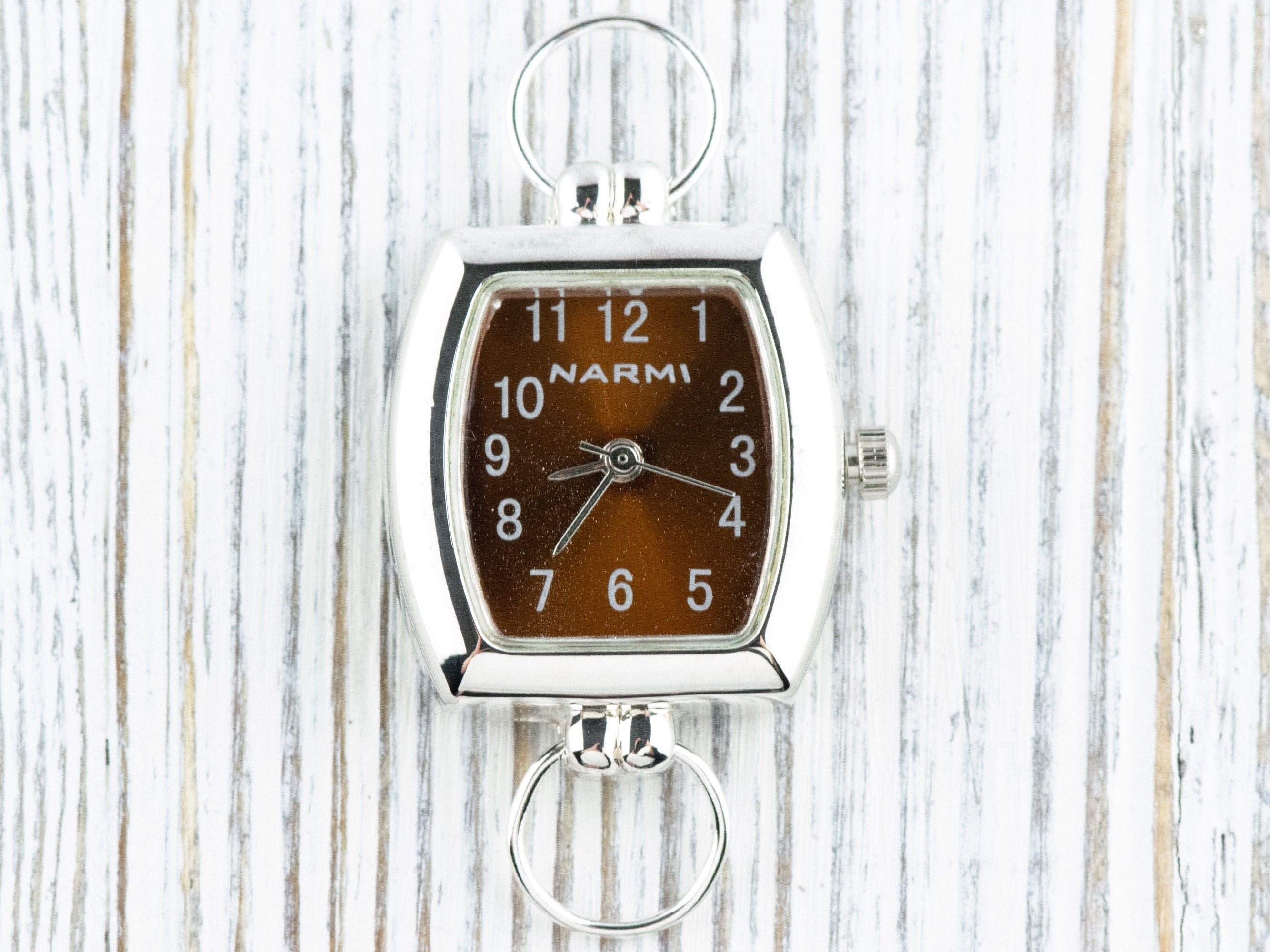 Brown Dial Silvertone Square Rectangle Watch Face • DIY Beading Watch • Jewelry Making • Analog • Loops and Battery Included
