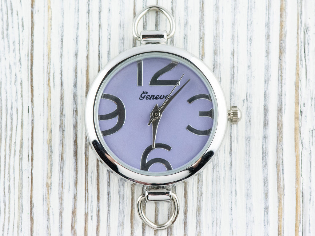 Lavender-Purple Dial Big-Numbers Round Silvertone Watch Face • DIY Beading Watch • Jewelry Making • Analog • Loops and Battery Included