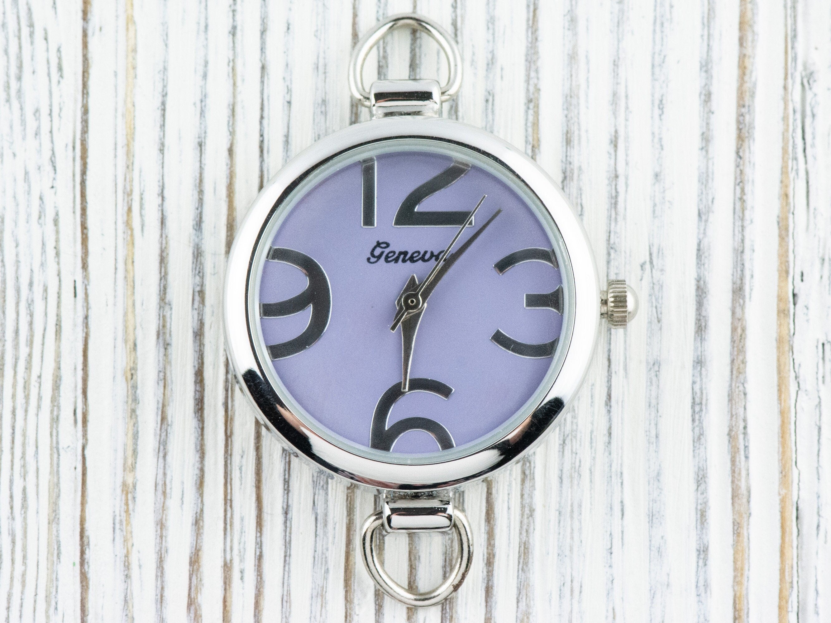 Lavender-Purple Dial Big-Numbers Round Silvertone Watch Face • DIY Beading Watch • Jewelry Making • Analog • Loops and Battery Included