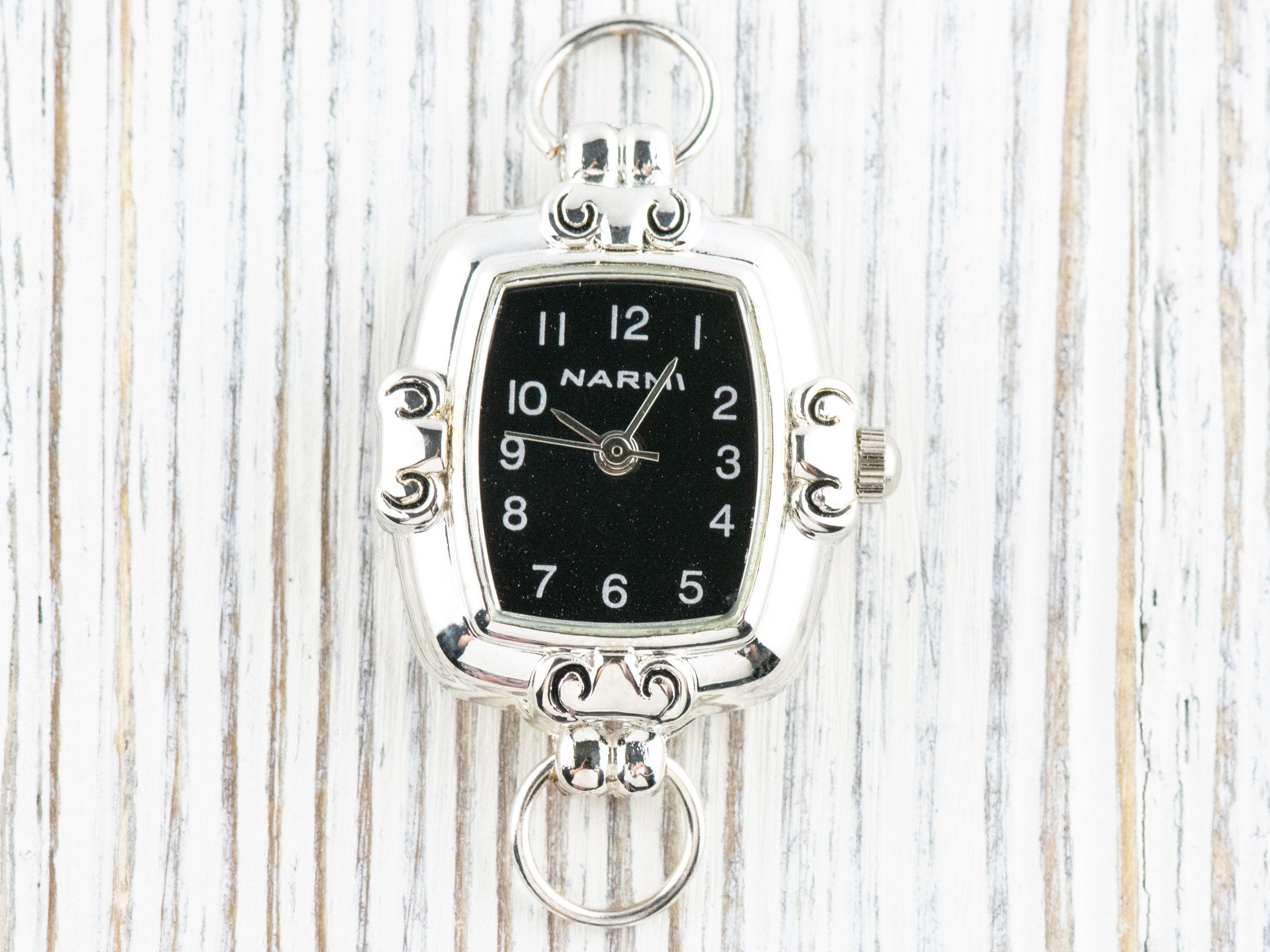 Black Dial Silvertone Square Watch Face • DIY Beading Watch • Jewelry Making • Analog • Loops and Battery Included