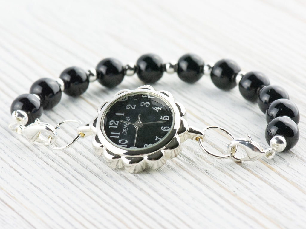 Black Dial Silvertone Flower Watch Face • DIY Beading Watch • Jewelry Making • Analog • Loops and Battery Included