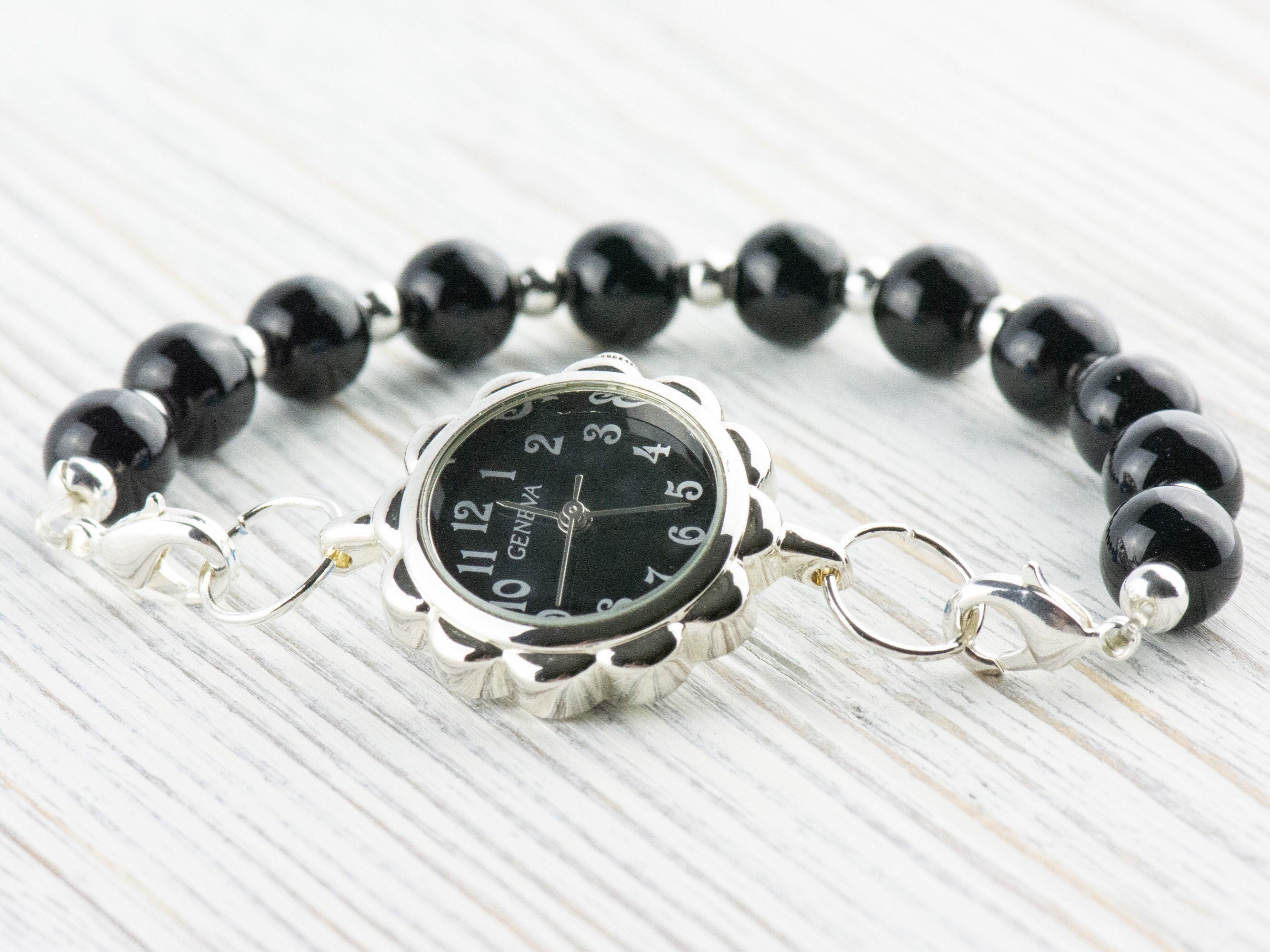 Black Dial Silvertone Flower Watch Face • DIY Beading Watch • Jewelry Making • Analog • Loops and Battery Included
