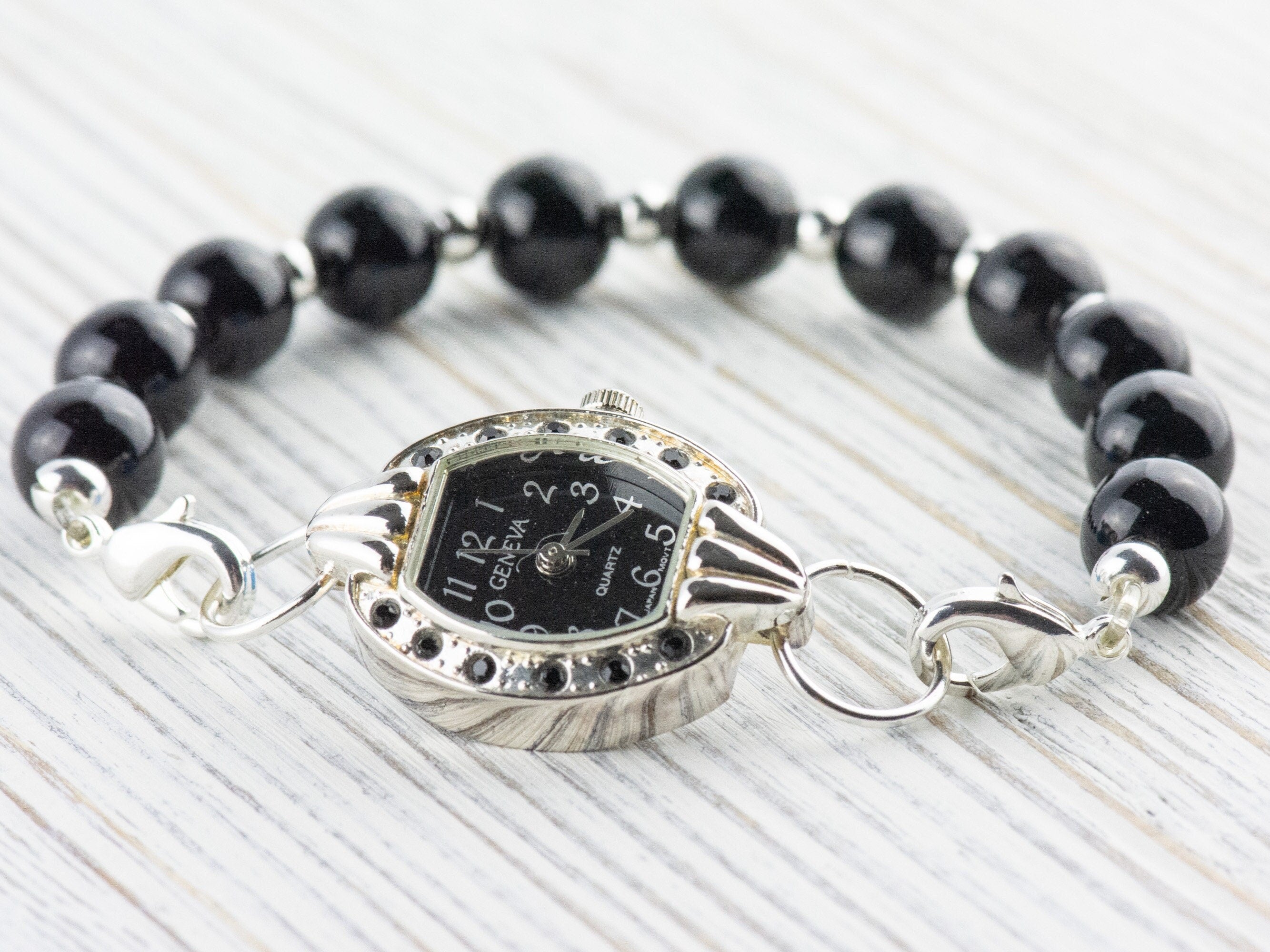 Black Dial Rhinestone-Studded Silvertone Square Watch Face • DIY Beading Watch • Jewelry Making • Analog • Loops and Battery Included