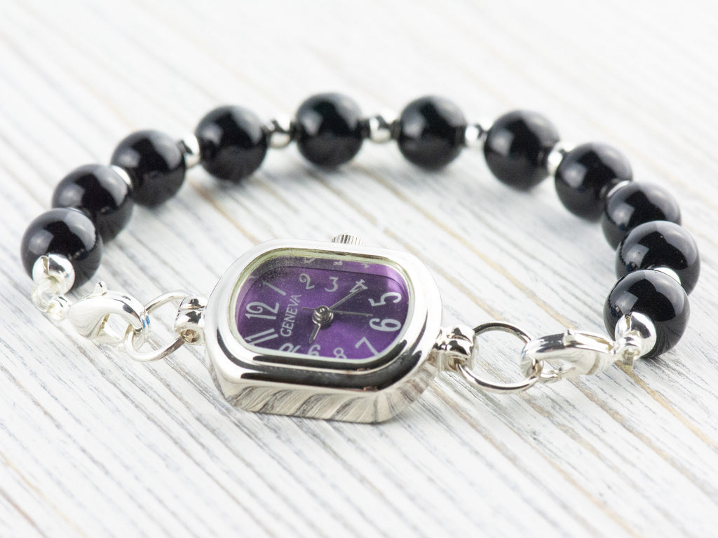 Purple Dial Silvertone Rectangle Watch Face • DIY Beading Watch • Jewelry Making • Analog • Loops and Battery Included