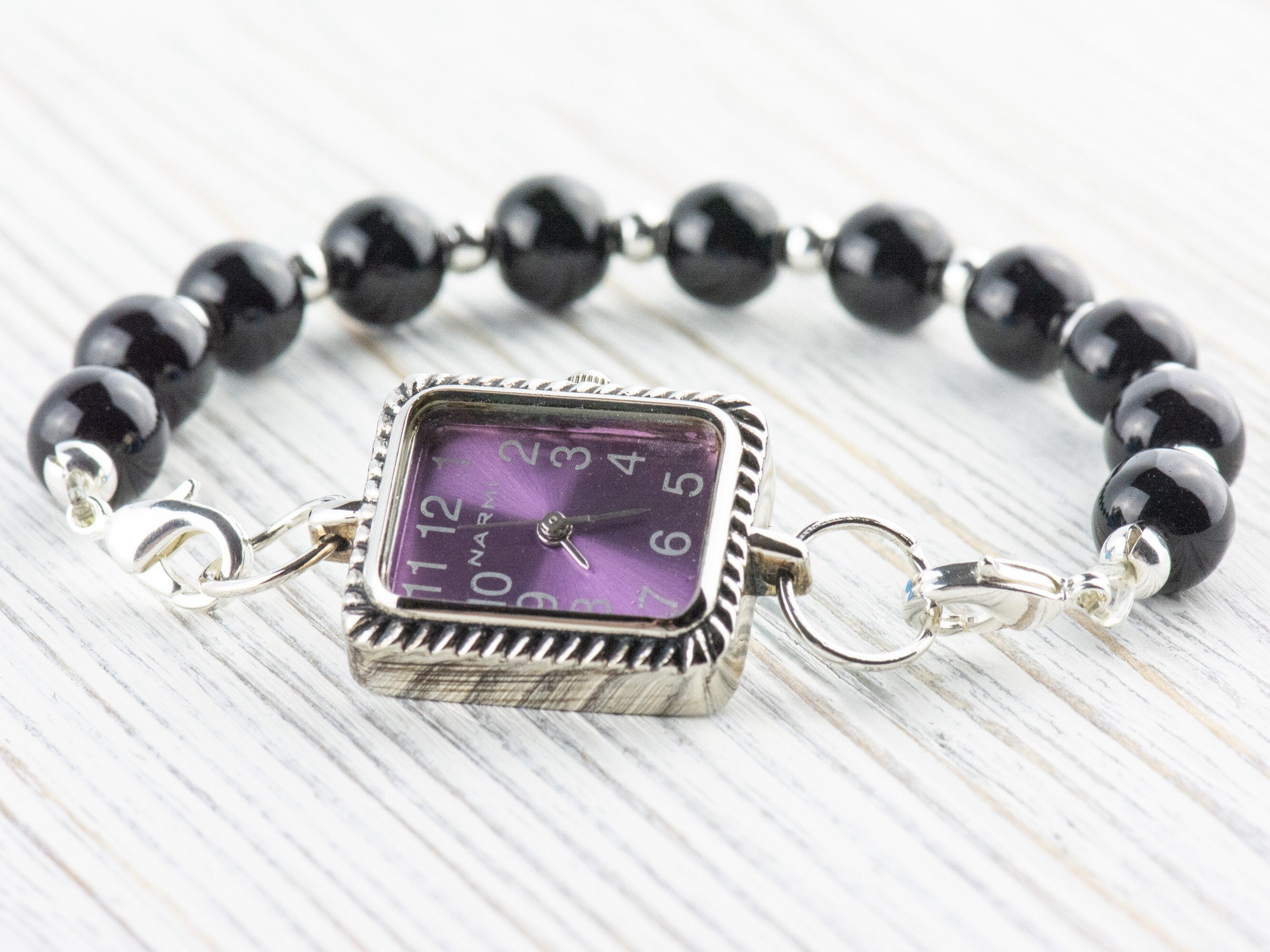 Purple Dial Silvertone Square Watch Face • DIY Beading Watch • Jewelry Making • Analog • Loops and Battery Included