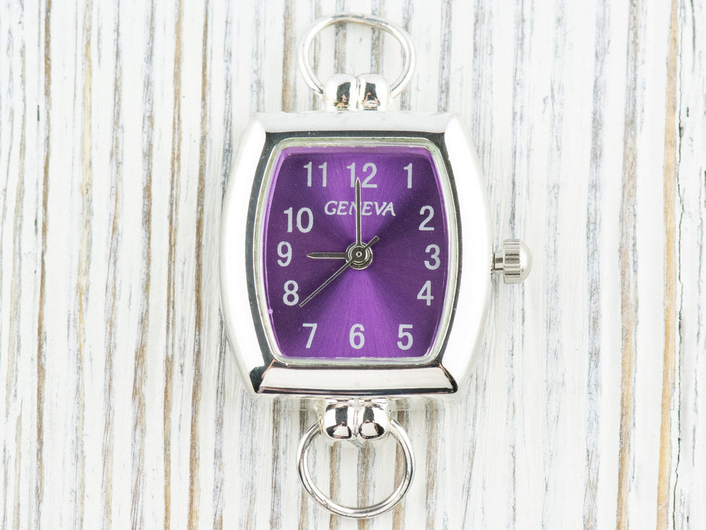 Purple Dial Silvertone Rectangle Watch Face • DIY Beading Watch • Jewelry Making • Analog • Loops and Battery Included