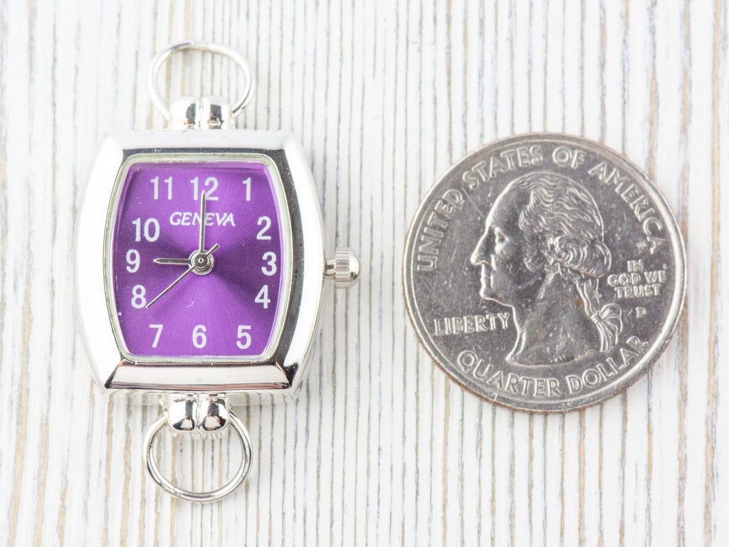 Purple Dial Silvertone Rectangle Watch Face • DIY Beading Watch • Jewelry Making • Analog • Loops and Battery Included