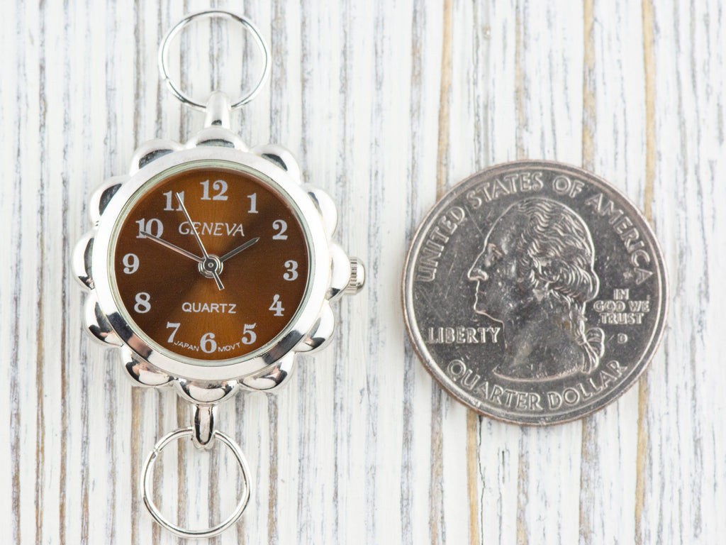 Brown Dial Silvertone Flower Watch Face • DIY Beading Watch • Jewelry Making • Analog • Loops and Battery Included