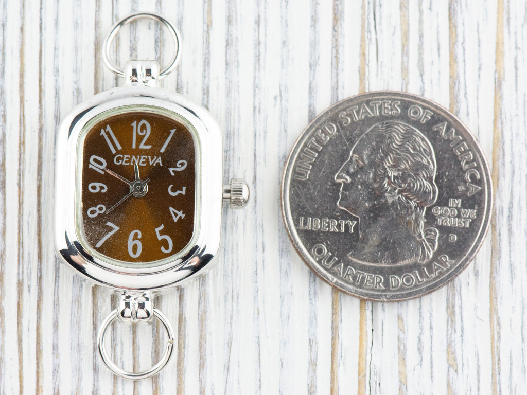 Brown Dial Silvertone Rectangle Watch Face • DIY Beading Watch • Jewelry Making • Analog • Loops and Battery Included