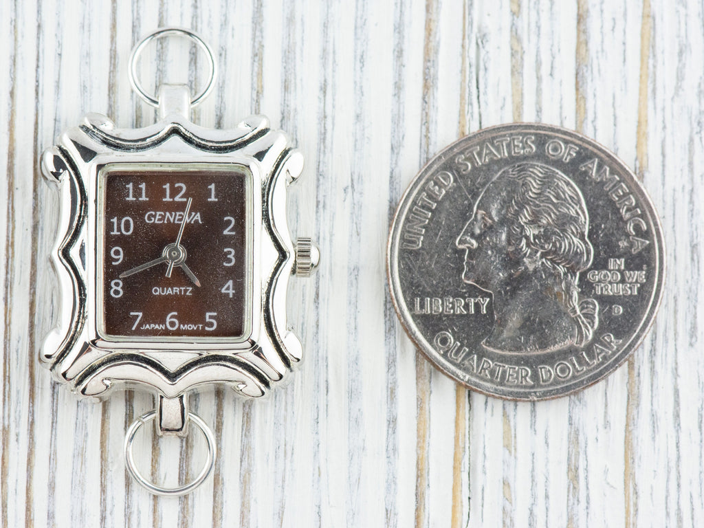Brown Dial Silvertone Square Frame Watch Face • DIY Beading Watch • Jewelry Making • Analog • Loops and Battery Included