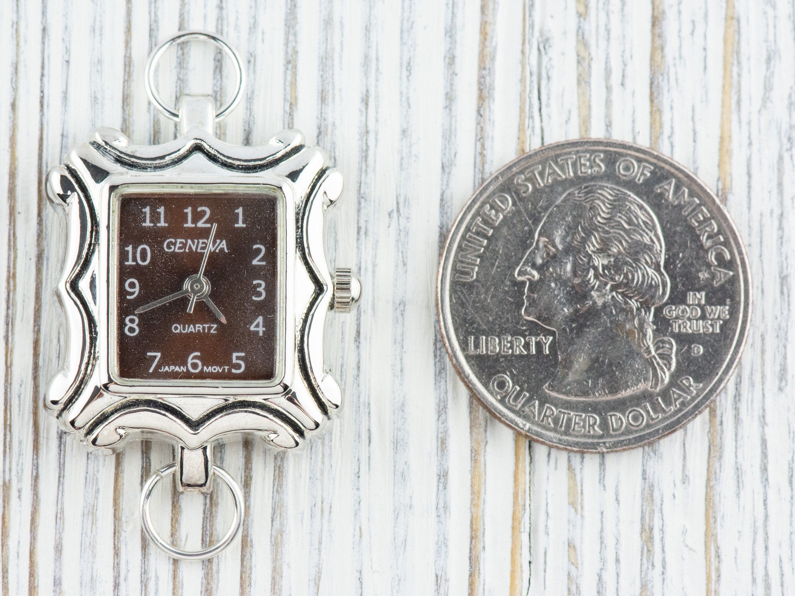 Brown Dial Silvertone Square Frame Watch Face • DIY Beading Watch • Jewelry Making • Analog • Loops and Battery Included