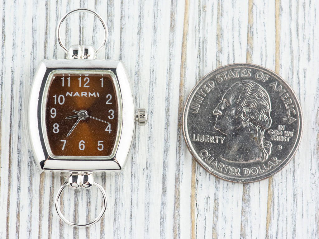 Brown Dial Silvertone Square Rectangle Watch Face • DIY Beading Watch • Jewelry Making • Analog • Loops and Battery Included