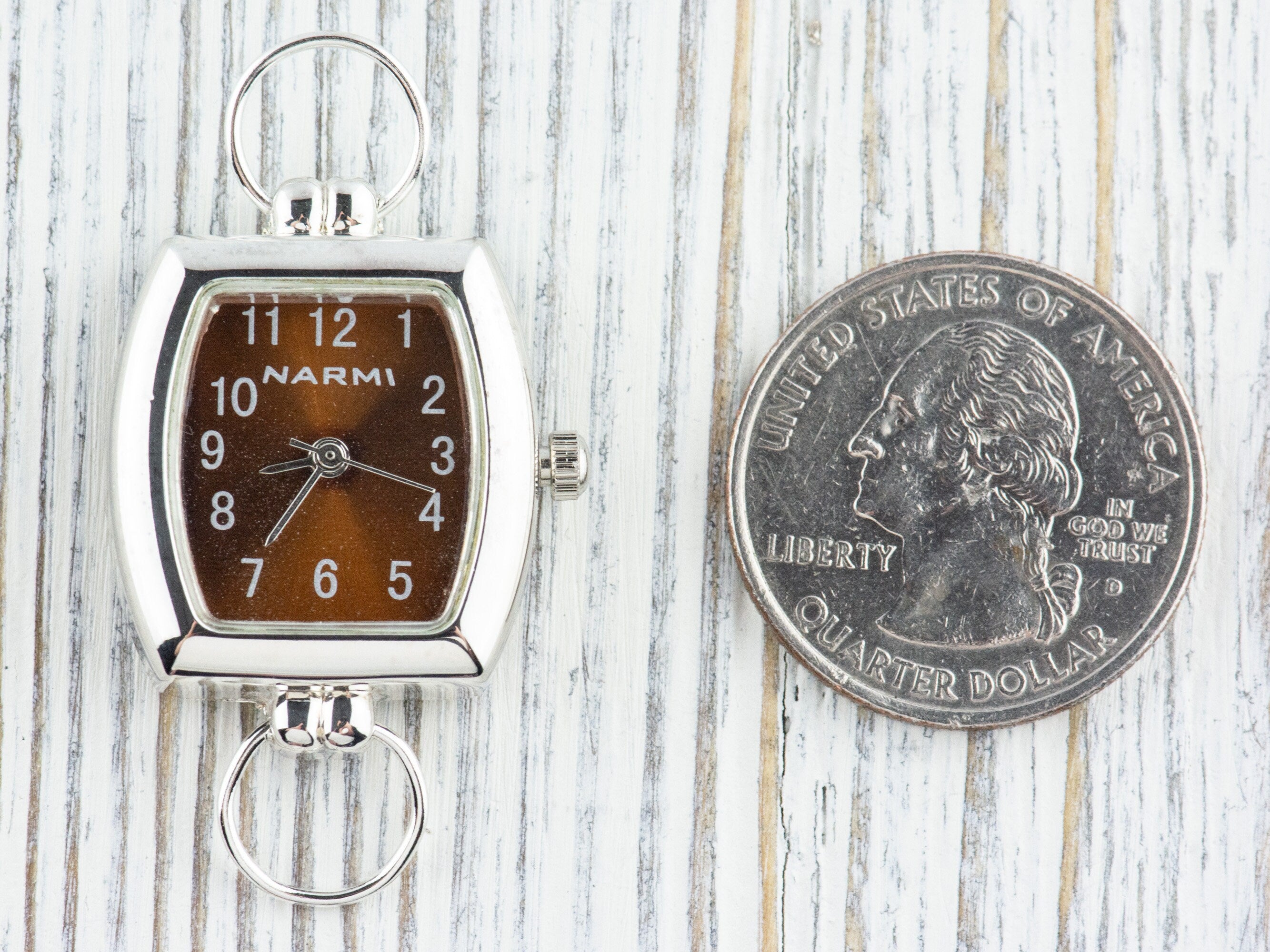 Brown Dial Silvertone Square Rectangle Watch Face • DIY Beading Watch • Jewelry Making • Analog • Loops and Battery Included