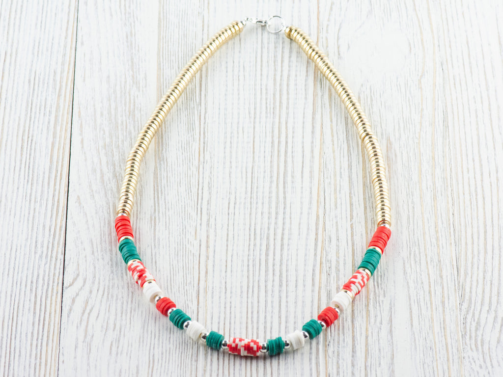 Holiday Cheer Red and Green Heishi Necklace, Christmas Jewelry, Feeling Festive, Handmade Gift