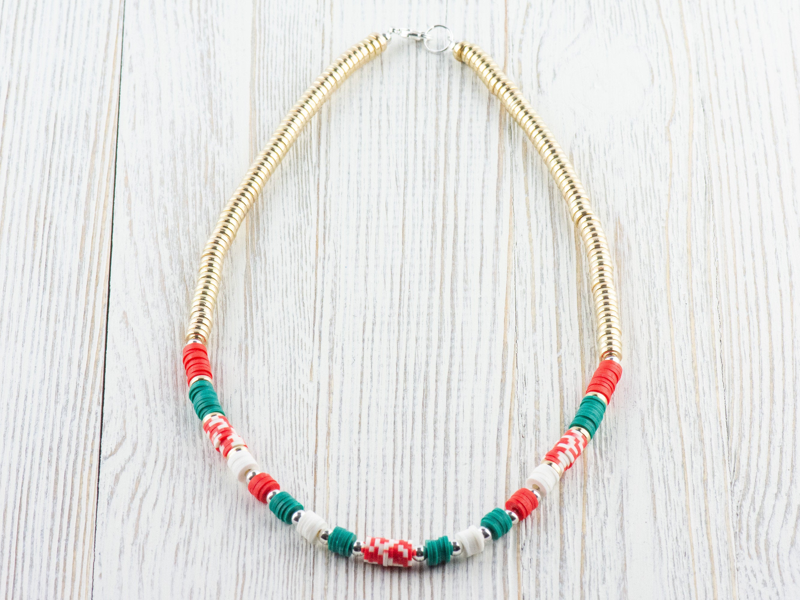Holiday Cheer Red and Green Heishi Necklace, Christmas Jewelry, Feeling Festive, Handmade Gift