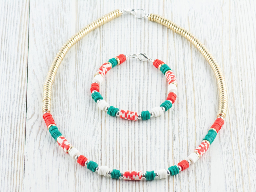 Holiday Cheer Red and Green Heishi Bracelet, Christmas Jewelry, Feeling Festive, Handmade Gift