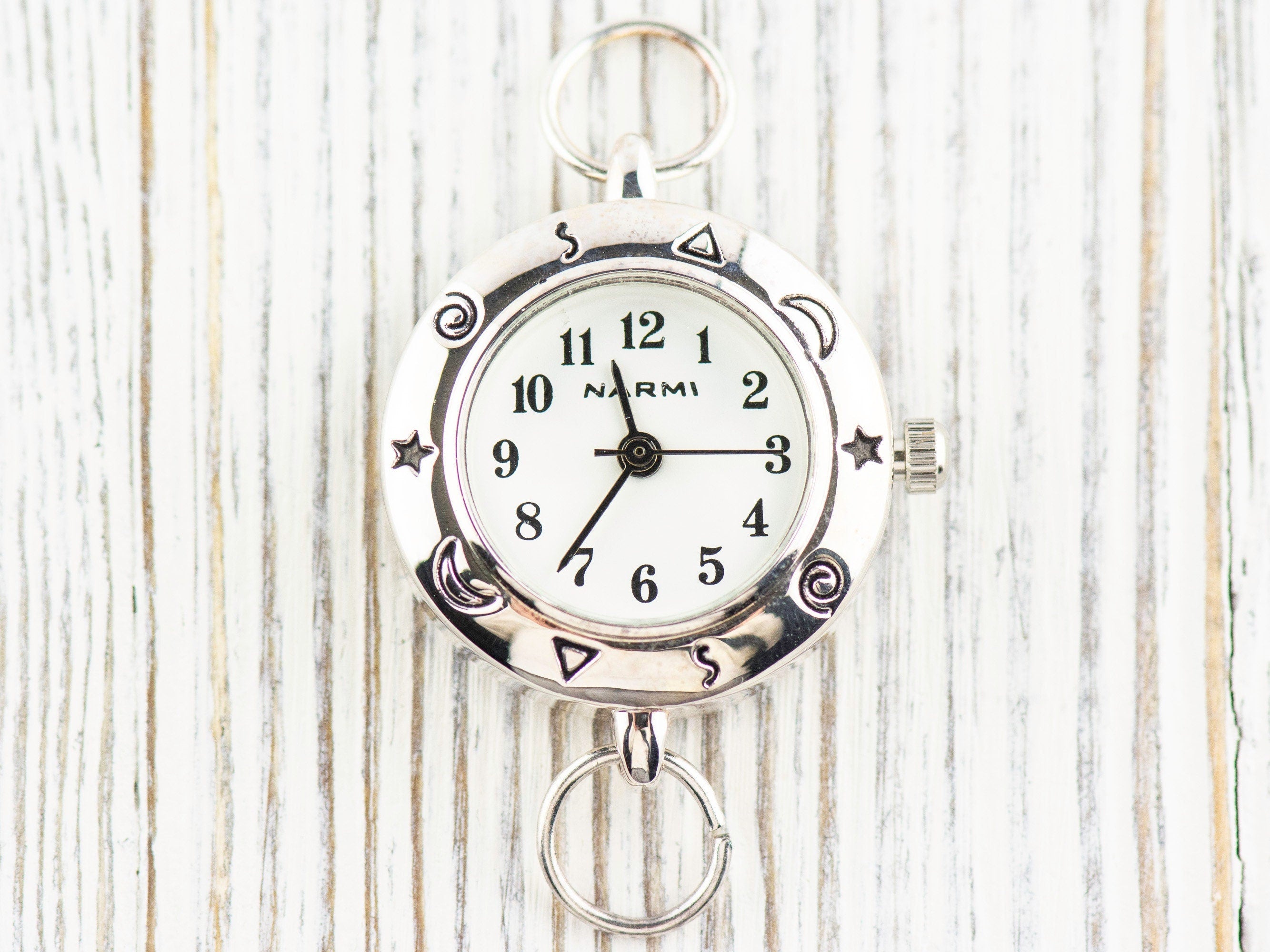 Celestial Silvertone Round Watch Face • White Dial • DIY Beading Watch • Jewelry Making • Analog • Loops and Battery Included