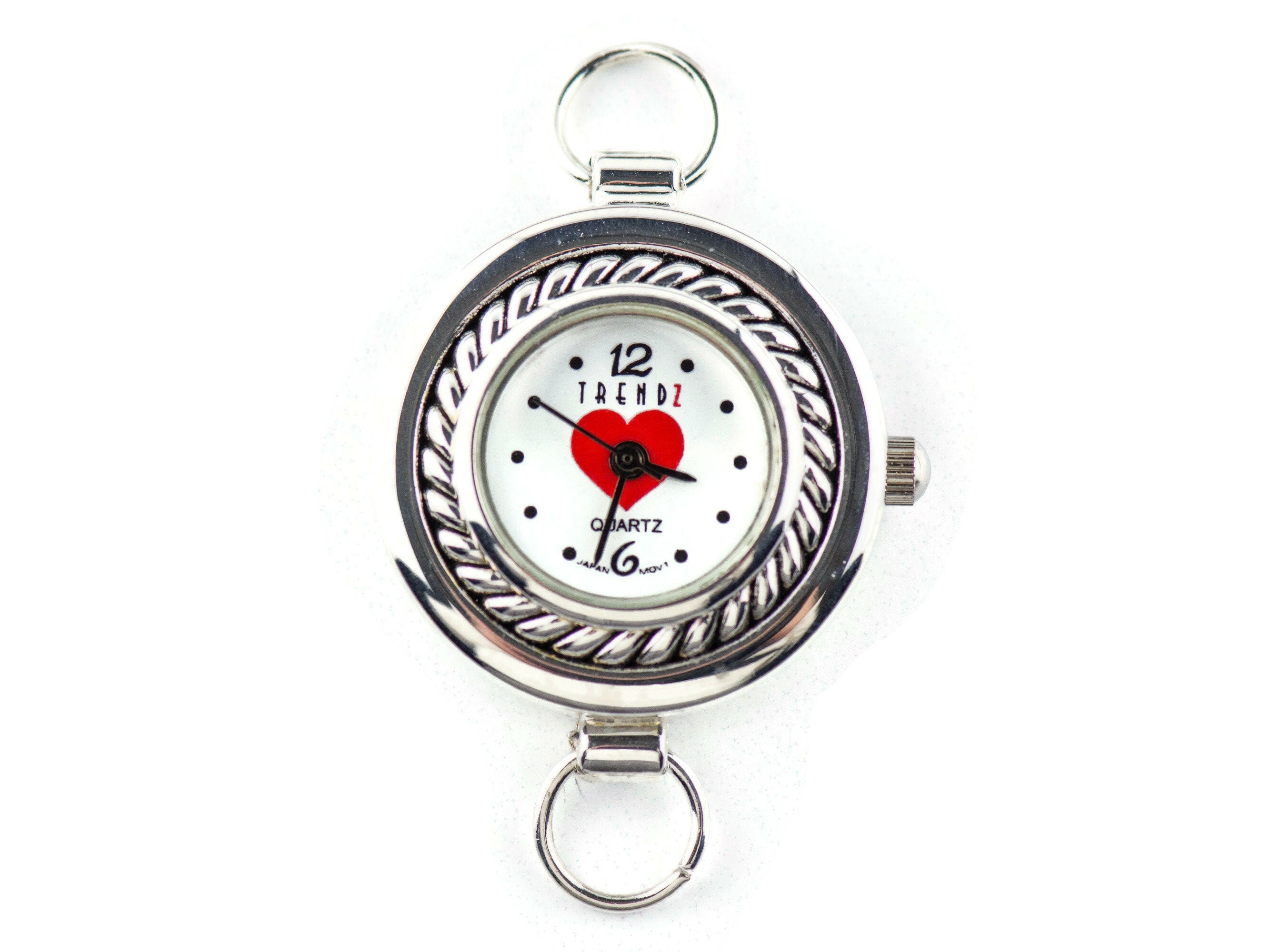Red Heart White Dial Silvertone Round Watch Face • DIY Beading Watch • Jewelry Making • Analog • Loops and Battery Included