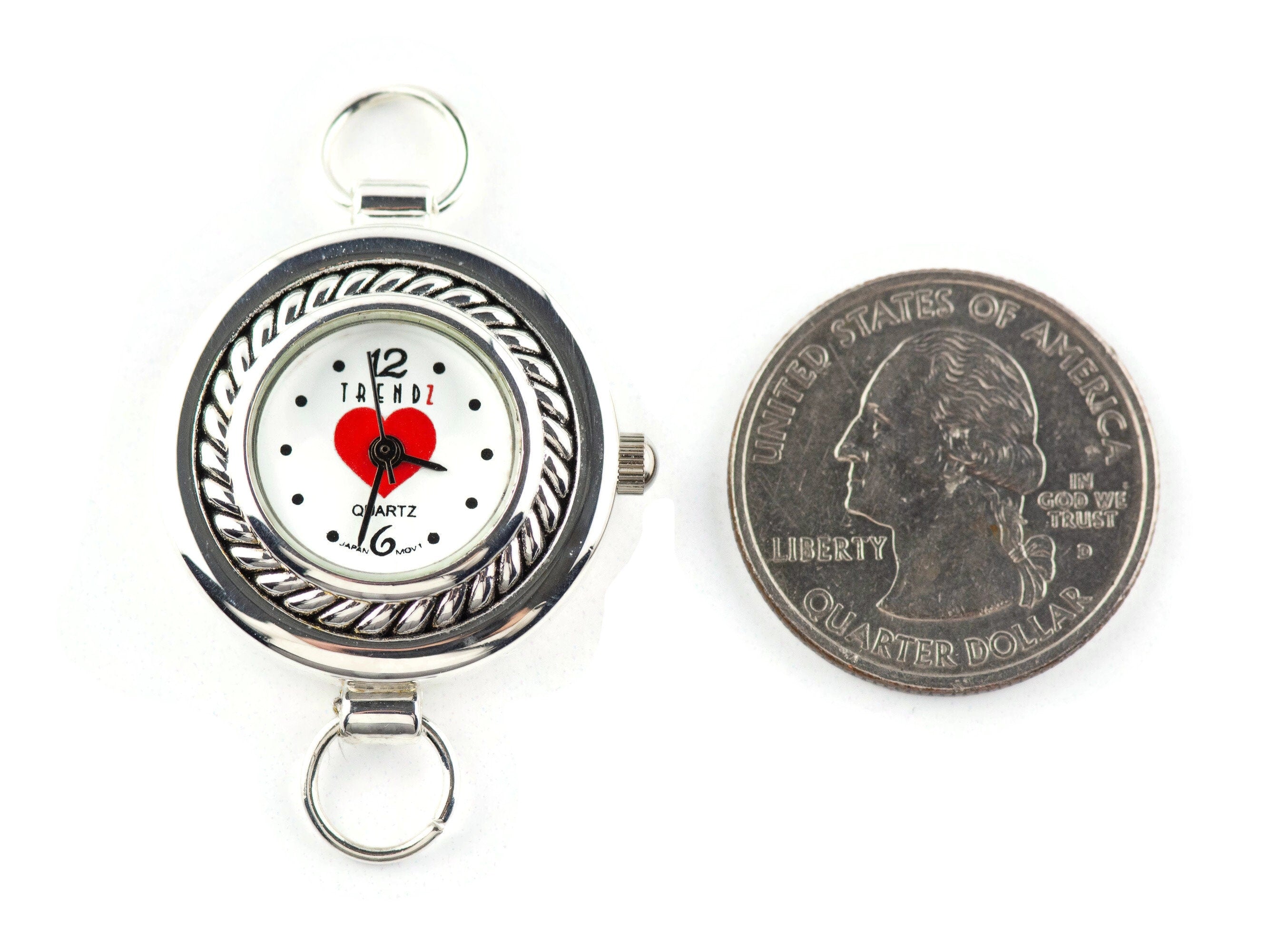 Red Heart White Dial Silvertone Round Watch Face • DIY Beading Watch • Jewelry Making • Analog • Loops and Battery Included