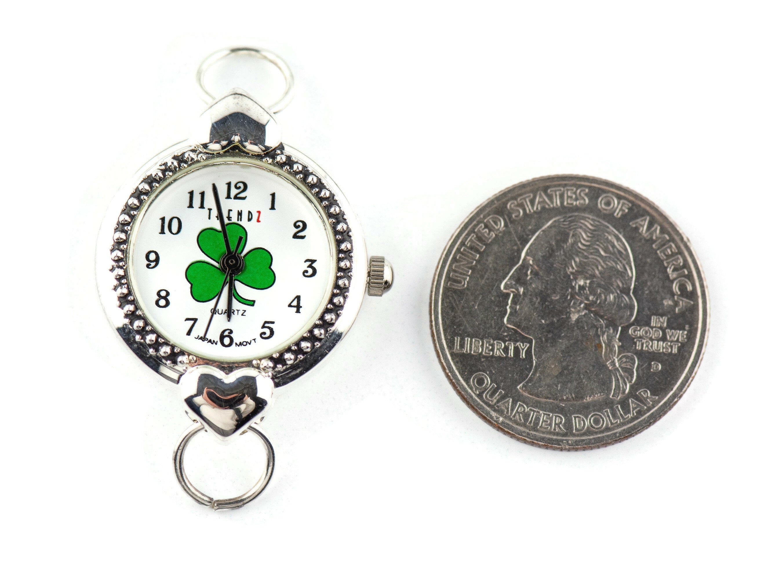 Green Shamrock White Dial Silvertone Round Watch Face with Hearts • DIY Beading Watch • Jewelry Making • Analog • Loops and Battery Included