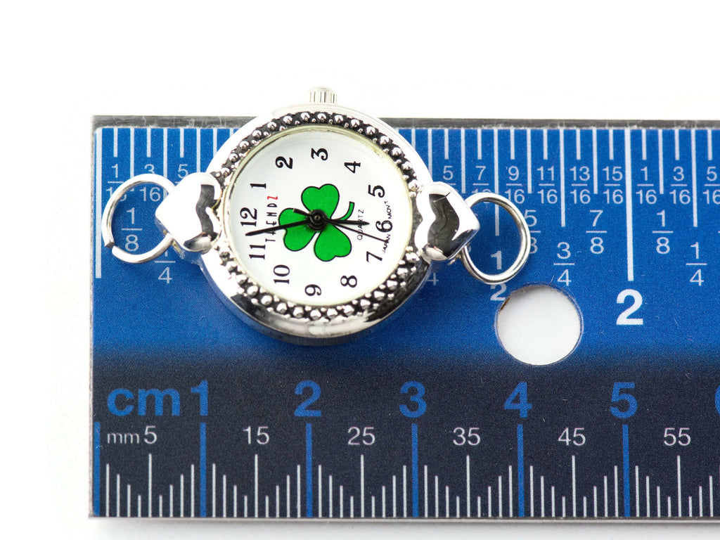 Green Shamrock White Dial Silvertone Round Watch Face with Hearts • DIY Beading Watch • Jewelry Making • Analog • Loops and Battery Included