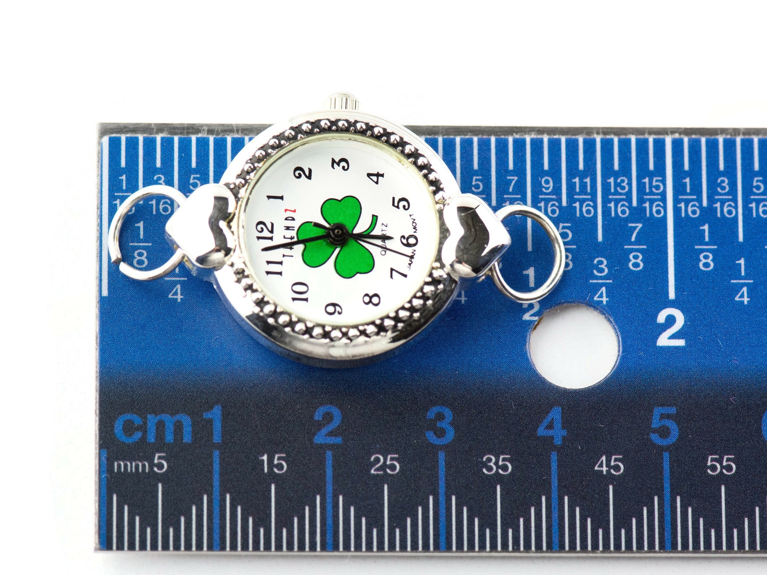 Green Shamrock White Dial Silvertone Round Watch Face with Hearts • DIY Beading Watch • Jewelry Making • Analog • Loops and Battery Included