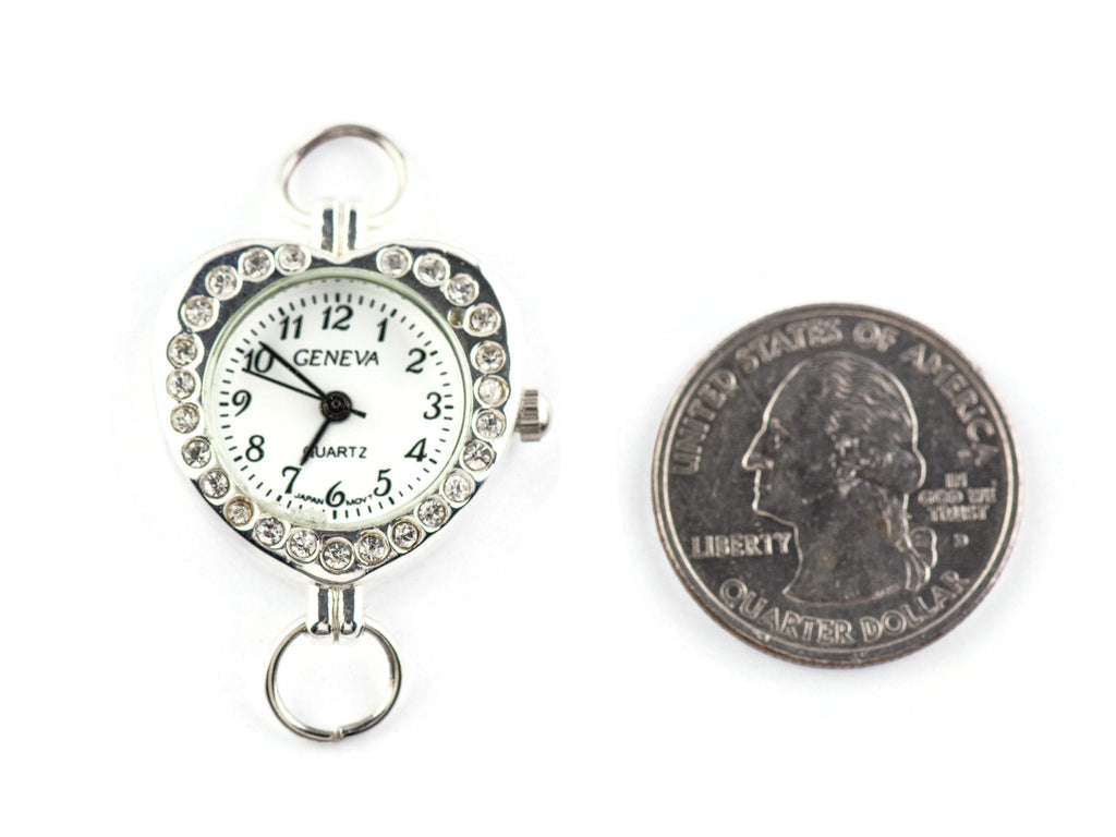Heart-Shape Rhinestone-Studded Silvertone Watch Face • White Dial • DIY Beading Watch • Jewelry Making • Analog • Loops and Battery Included