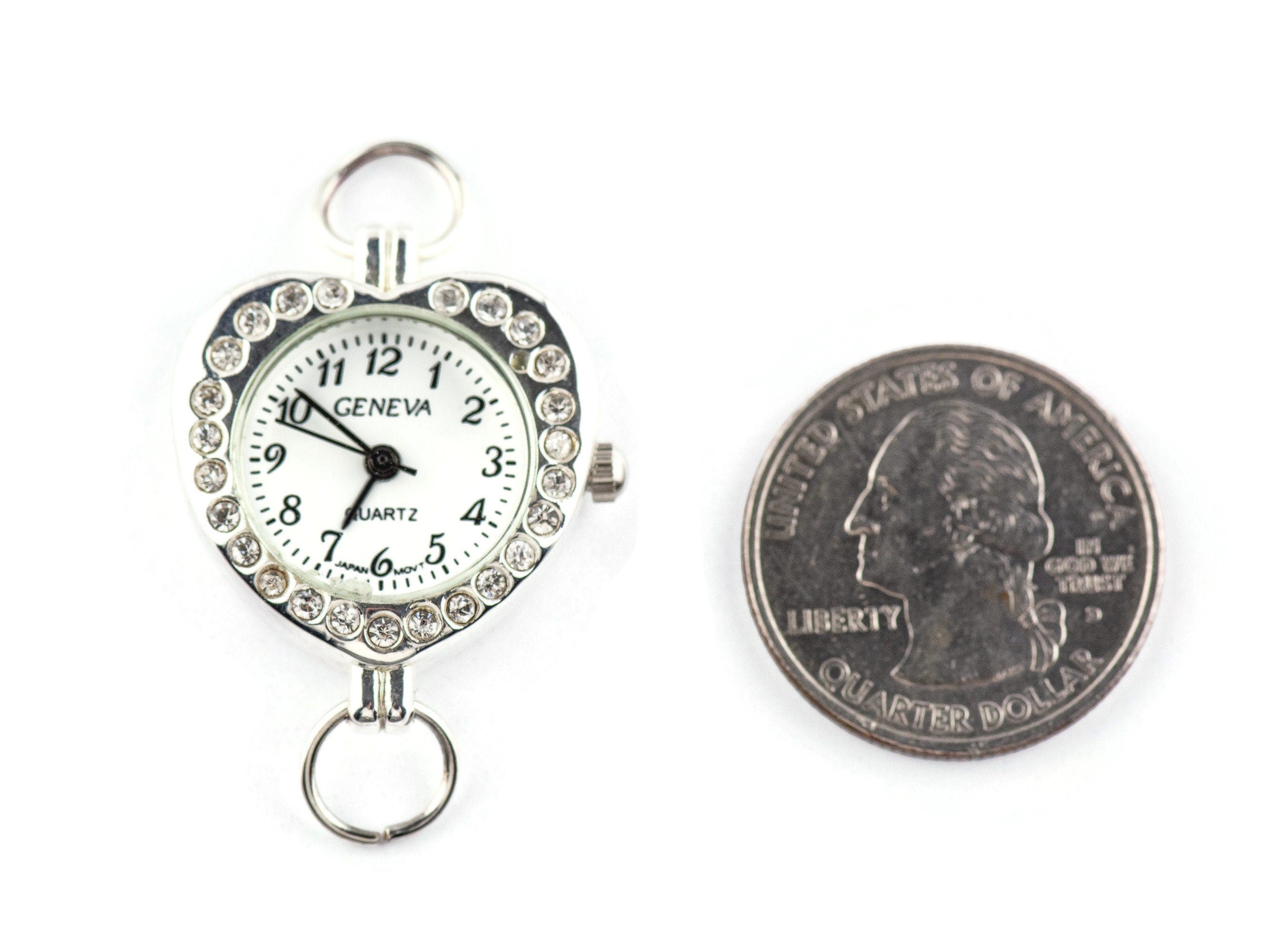 Heart-Shape Rhinestone-Studded Silvertone Watch Face • White Dial • DIY Beading Watch • Jewelry Making • Analog • Loops and Battery Included