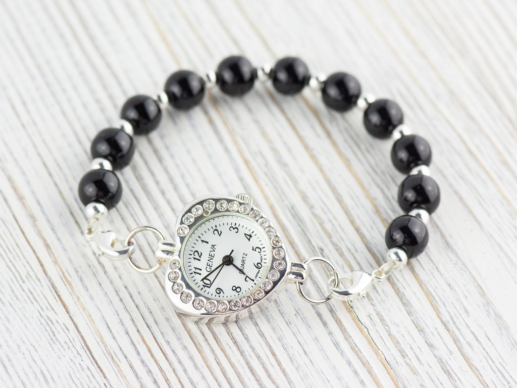 Heart-Shape Rhinestone-Studded Silvertone Watch Face • White Dial • DIY Beading Watch • Jewelry Making • Analog • Loops and Battery Included