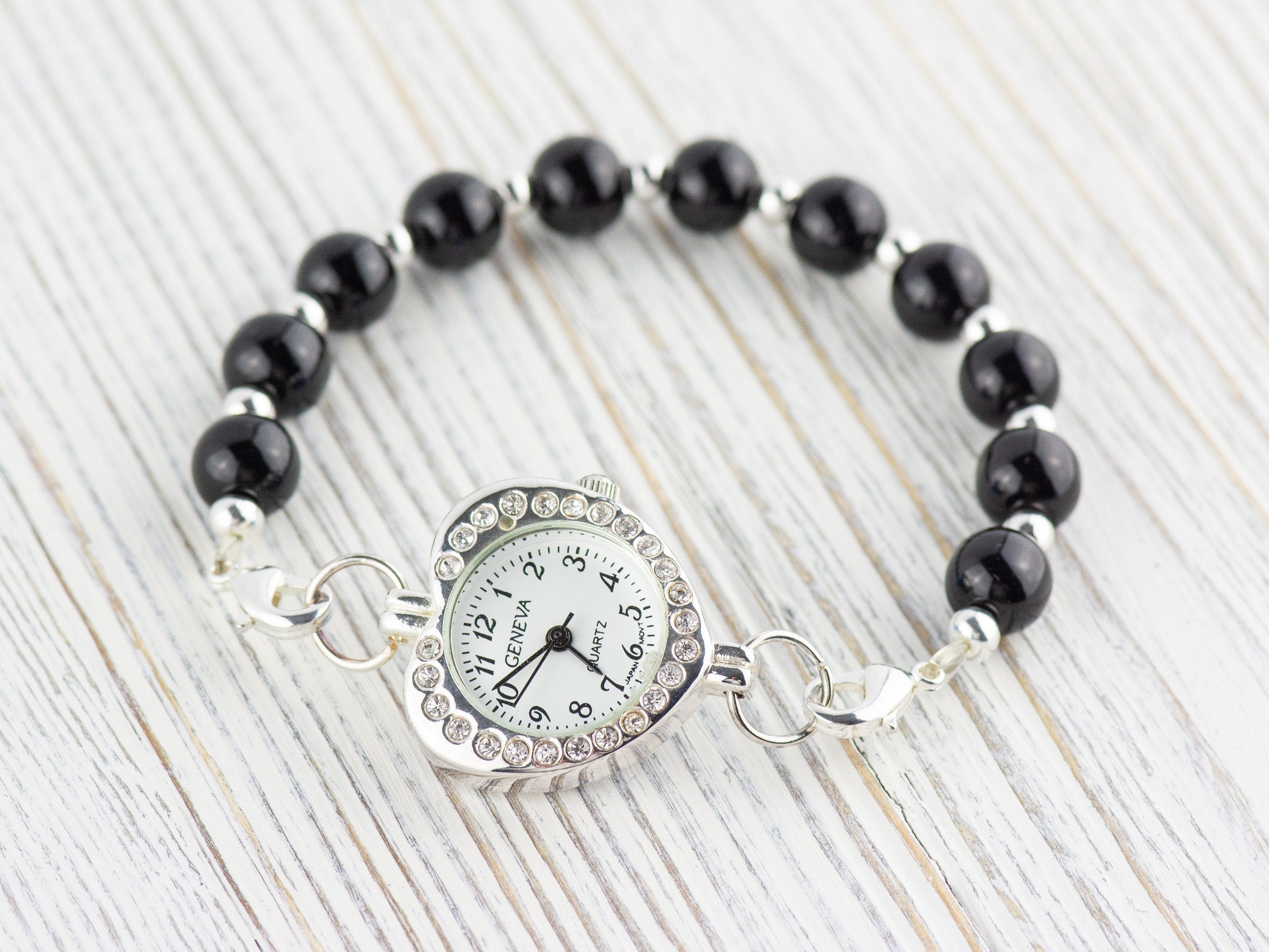Heart-Shape Rhinestone-Studded Silvertone Watch Face • White Dial • DIY Beading Watch • Jewelry Making • Analog • Loops and Battery Included