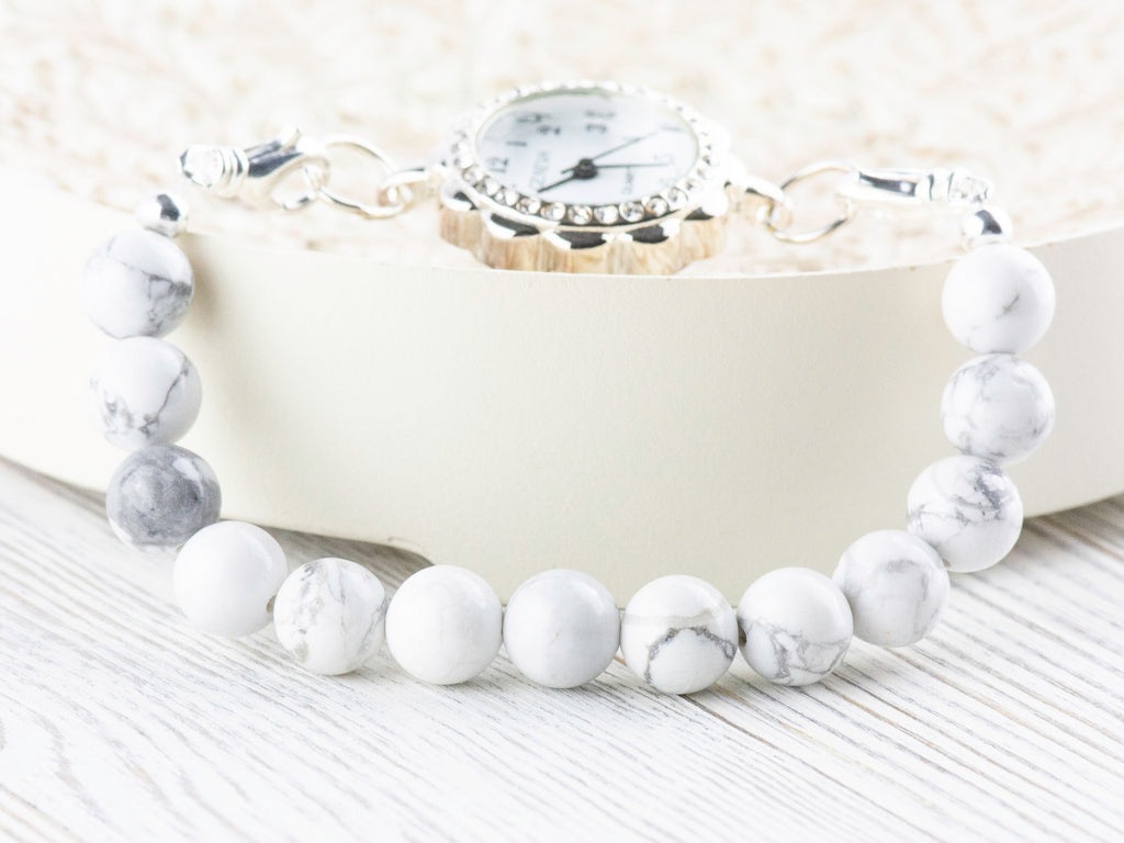 White Howlite Stretch Beaded Watch Band, Medical Alert Bracelet, Single Strand, Interchangeable, Handmade Jewelry