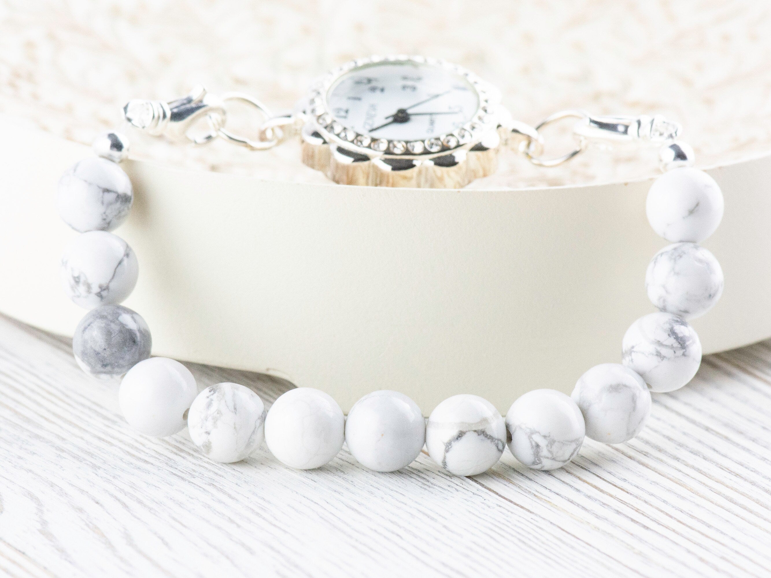 White Howlite Stretch Beaded Watch Band, Medical Alert Bracelet, Single Strand, Interchangeable, Handmade Jewelry