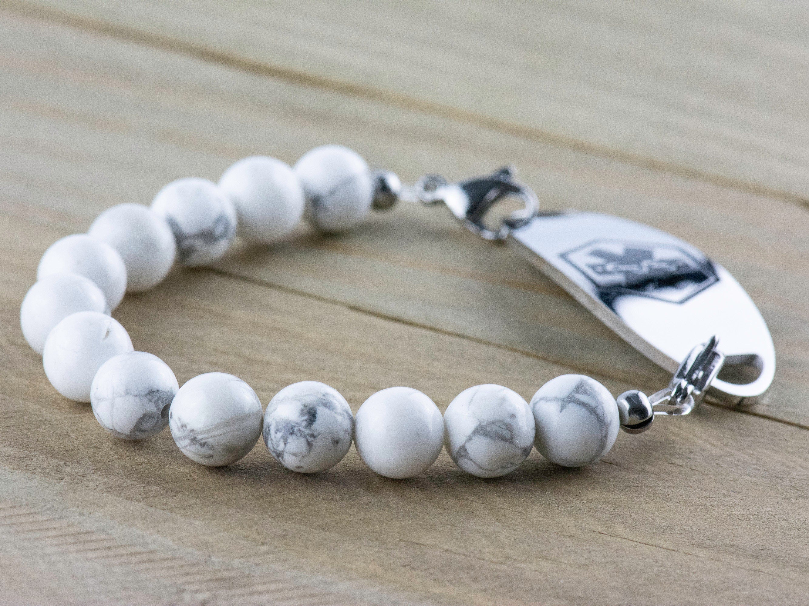White Howlite Stretch Beaded Watch Band, Medical Alert Bracelet, Single Strand, Interchangeable, Handmade Jewelry