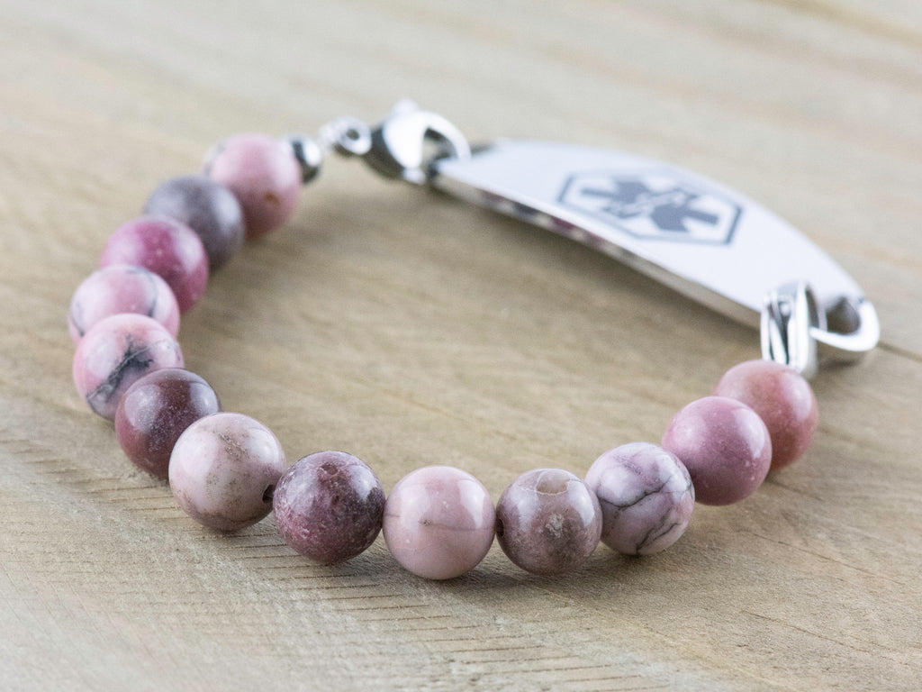Rhodonite Stretch Beaded Watch Band, Medical Alert Bracelet, Single Strand, Interchangeable, Handmade Jewelry