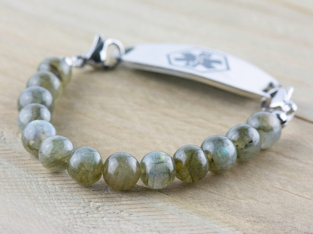 Labradorite Stretch Beaded Watch Band, Medical Alert Bracelet, Single Strand, Interchangeable, Handmade Jewelry