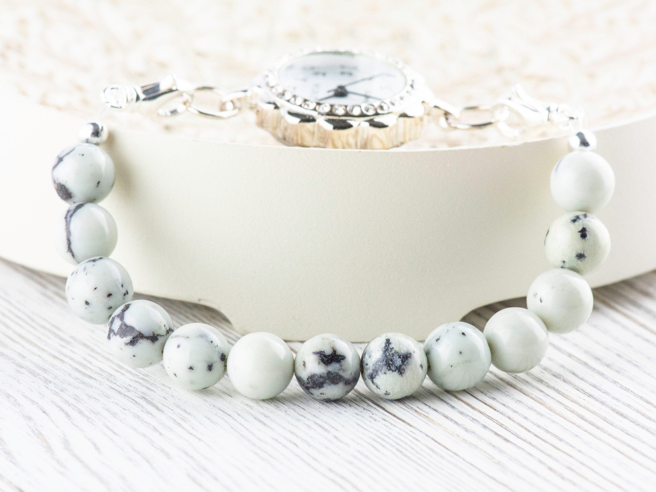 Dendritic Jasper Stretch Beaded Watch Band, Medical Alert Bracelet, Single Strand, Interchangeable, Handmade Jewelry