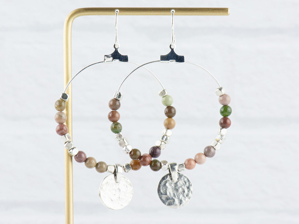 Imperial Jasper Silver Coin Hoop Earrings • Gemstone Jewelry • Boho Dangle Earrings • Jewelry Gift for Her
