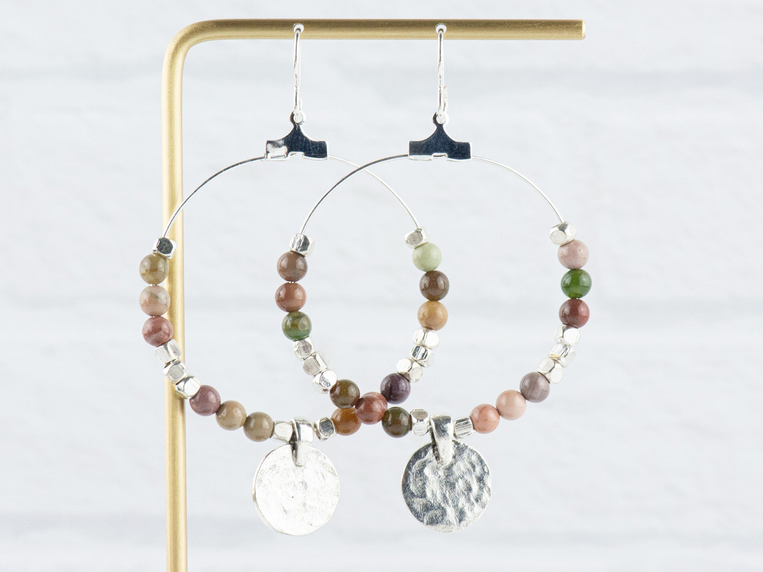 Imperial Jasper Silver Coin Hoop Earrings • Gemstone Jewelry • Boho Dangle Earrings • Jewelry Gift for Her