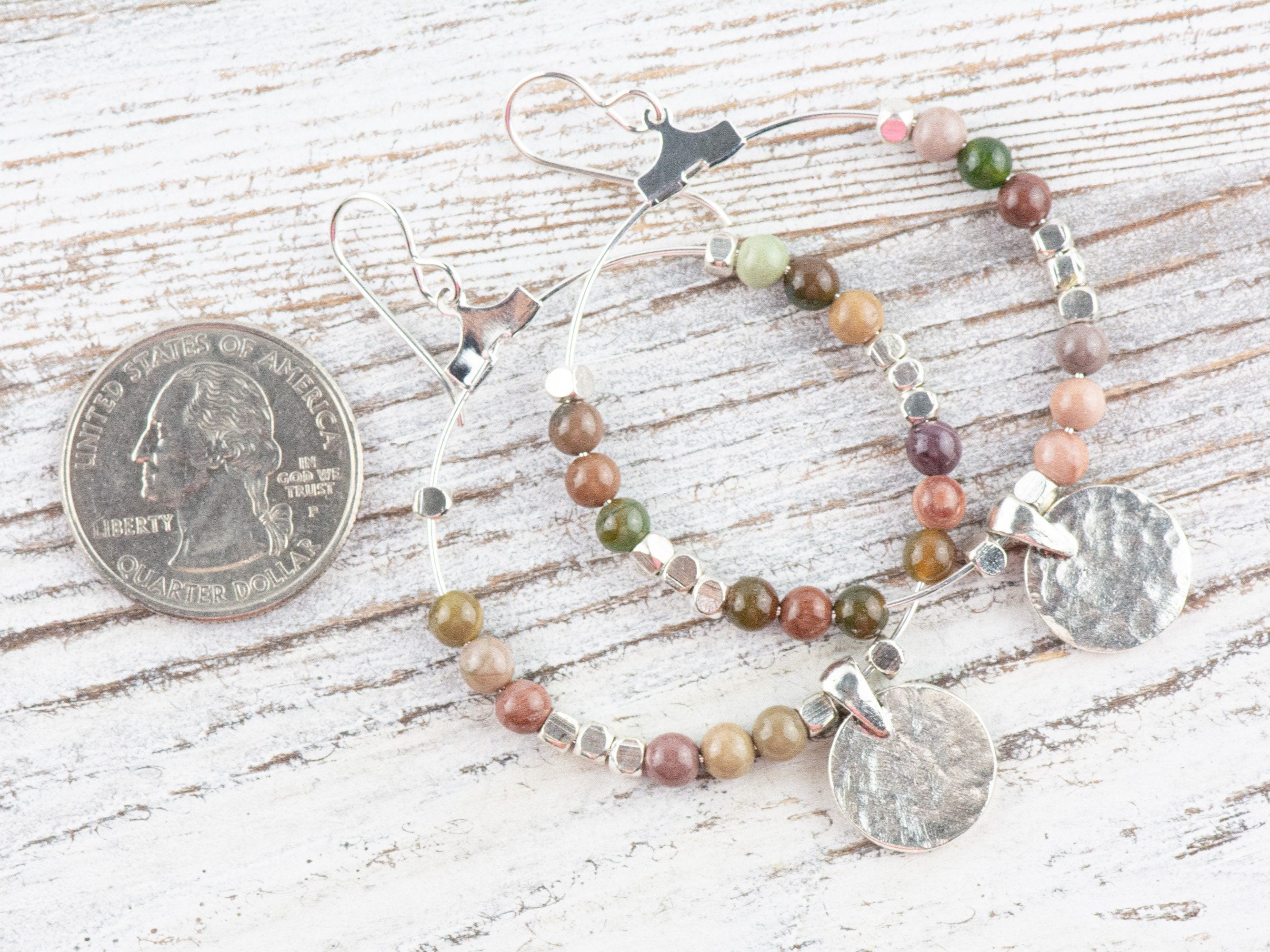 Imperial Jasper Silver Coin Hoop Earrings • Gemstone Jewelry • Boho Dangle Earrings • Jewelry Gift for Her