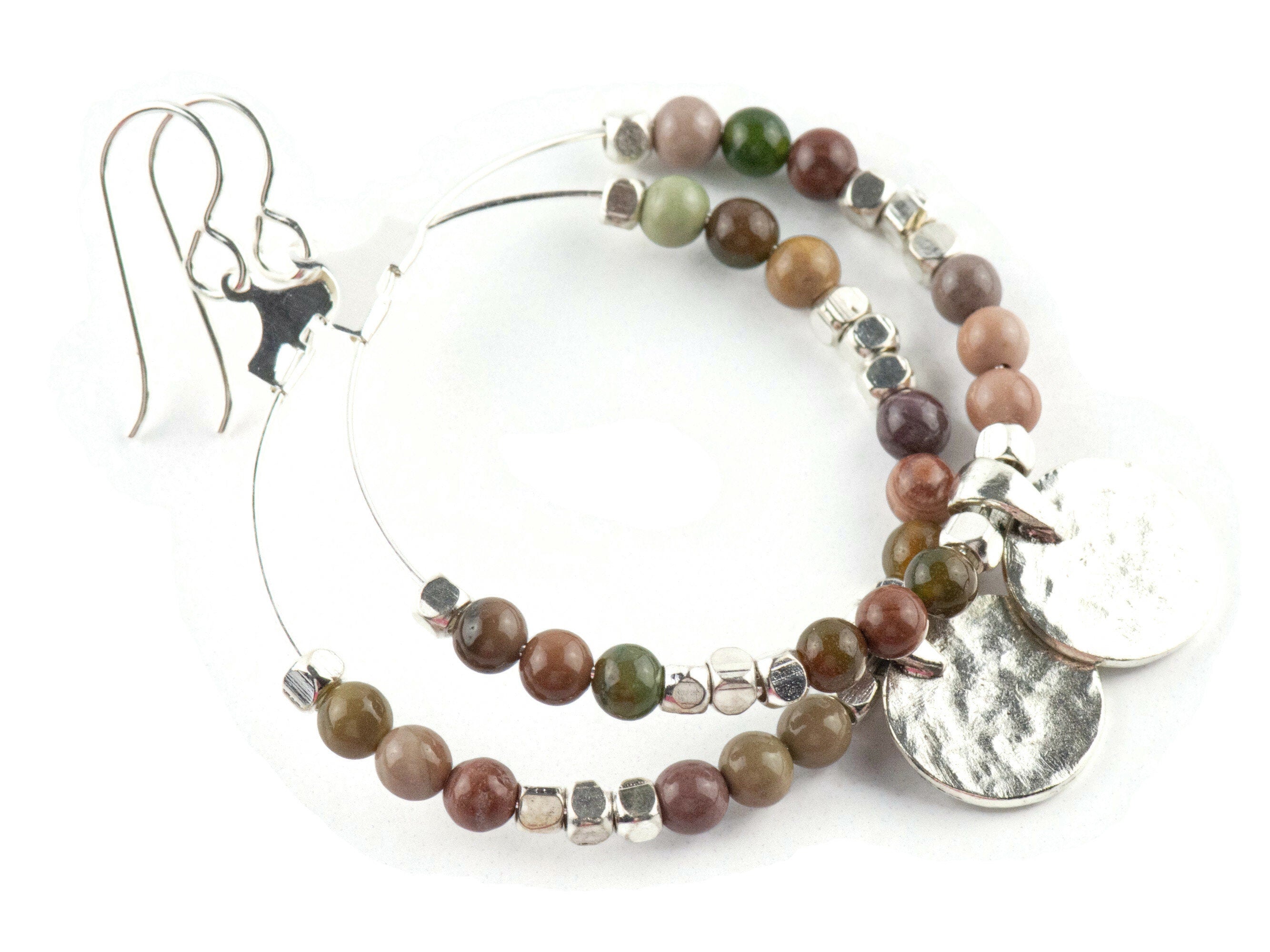 Imperial Jasper Silver Coin Hoop Earrings • Gemstone Jewelry • Boho Dangle Earrings • Jewelry Gift for Her